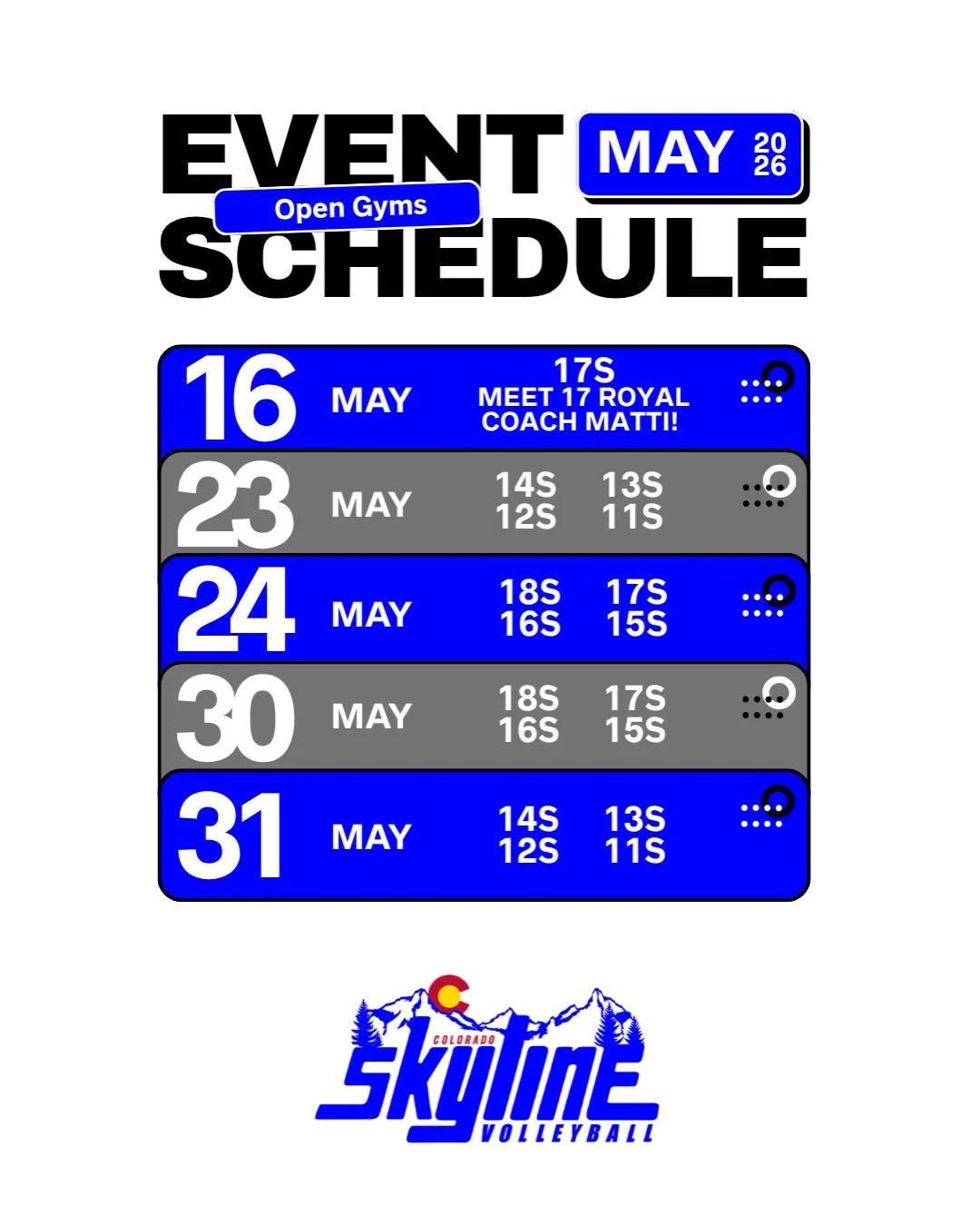 📣 Open Gym &amp; Lesson Schedule 📣

Open Gyms are a key part of the evaluation process for our 2026&ndash;27 Colorado Skyline club teams! We have our open gym schedule updated through June. We also have lesson availability throughout May!💙

Colora