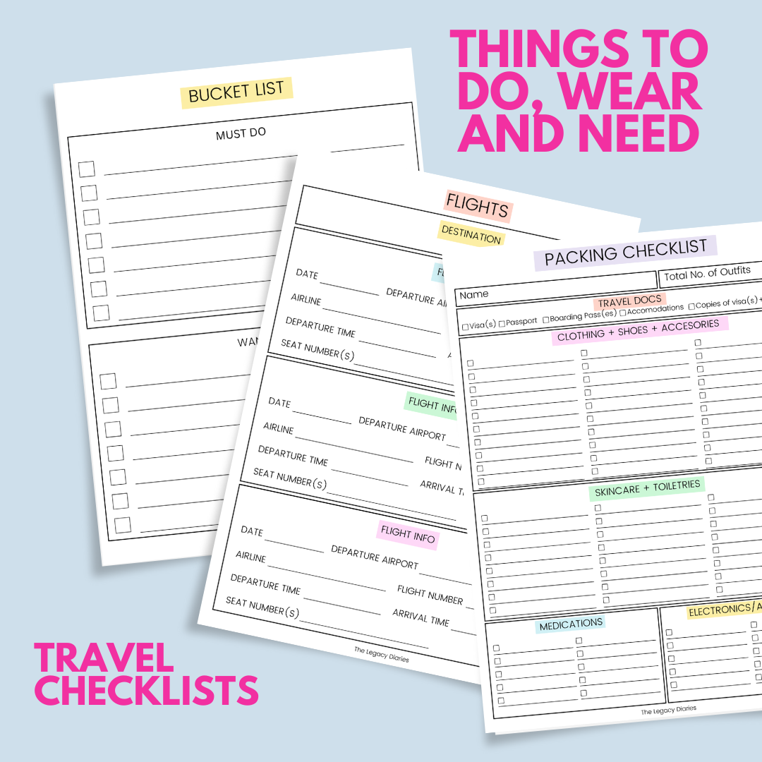 Image showing three travel checklist templates, including a bucket list, flight information form, and packing checklist. "Things to Do, Wear and Need" is written in pink text on a light blue background.