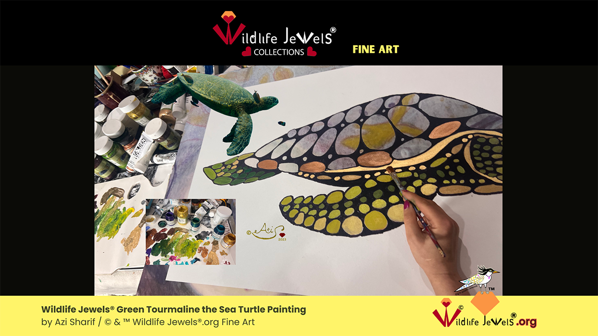 Wildlife Jewels® Collections Fine Art- Green Tourmaline the Sea Turtle Painting