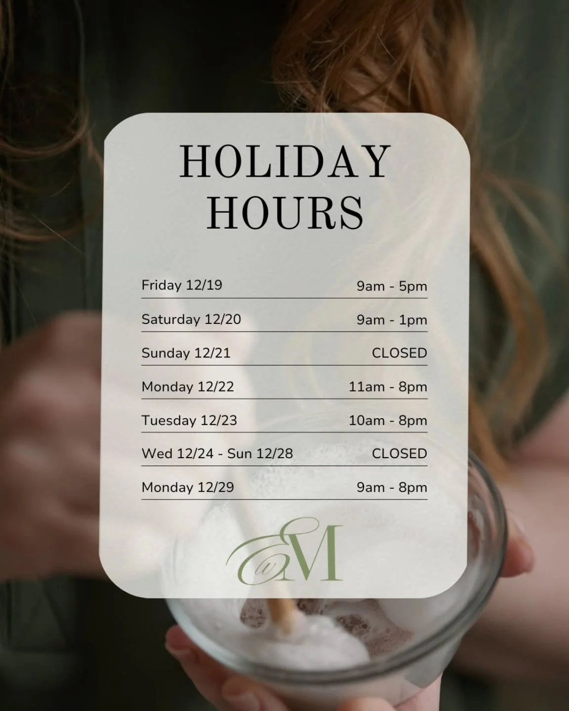 Festive schedule loading 🎄

Thank you for planning ahead with us! 

Check out our online booking to get in before the holiday &amp; shop online for shipping or in spa pickup ✨️