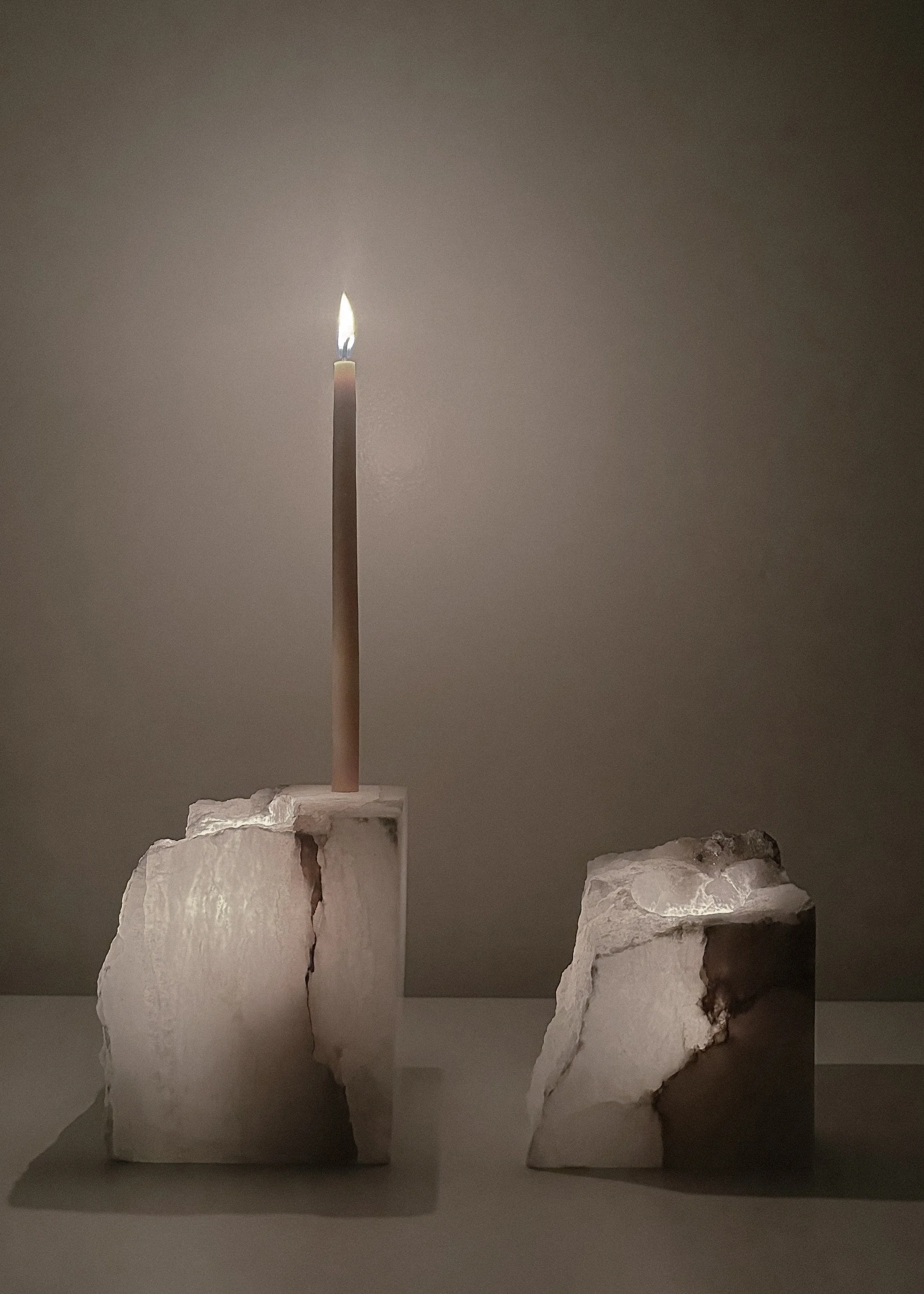 Sarah_Lesher_Alabaster_Candle_Holders_Front_Lit 2.JPG