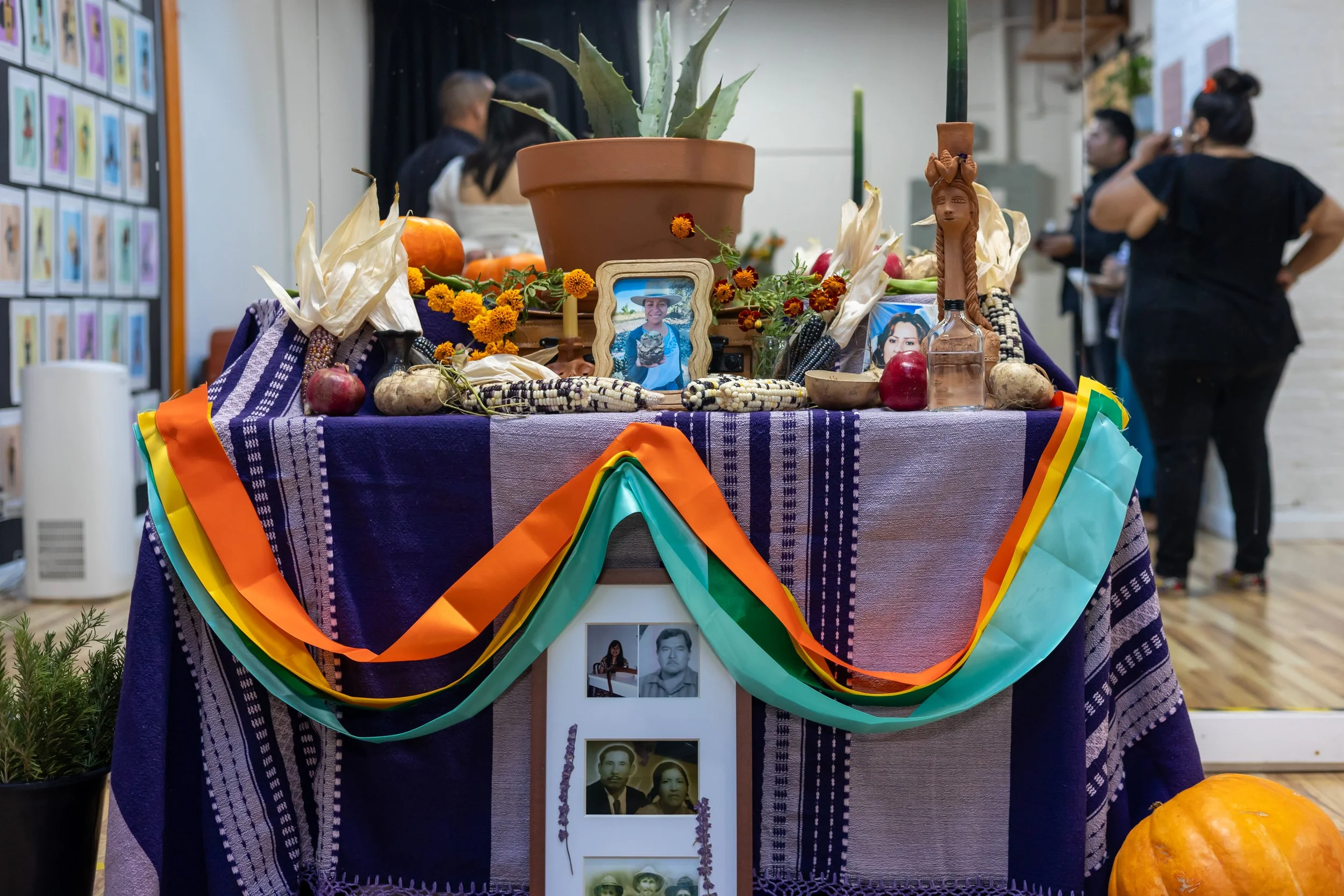 Gala-guetza altar: maguey plant, corn, cempasúchil, corn husks, pumpkin, family photos.