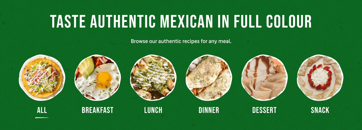 Green banner with white text reads 'Taste Authentic Mexican in Full Colour'. Below are six circular images of different Mexican dishes labeled 'All', 'Breakfast', 'Lunch', 'Dinner', 'Dessert', and 'Snack'.