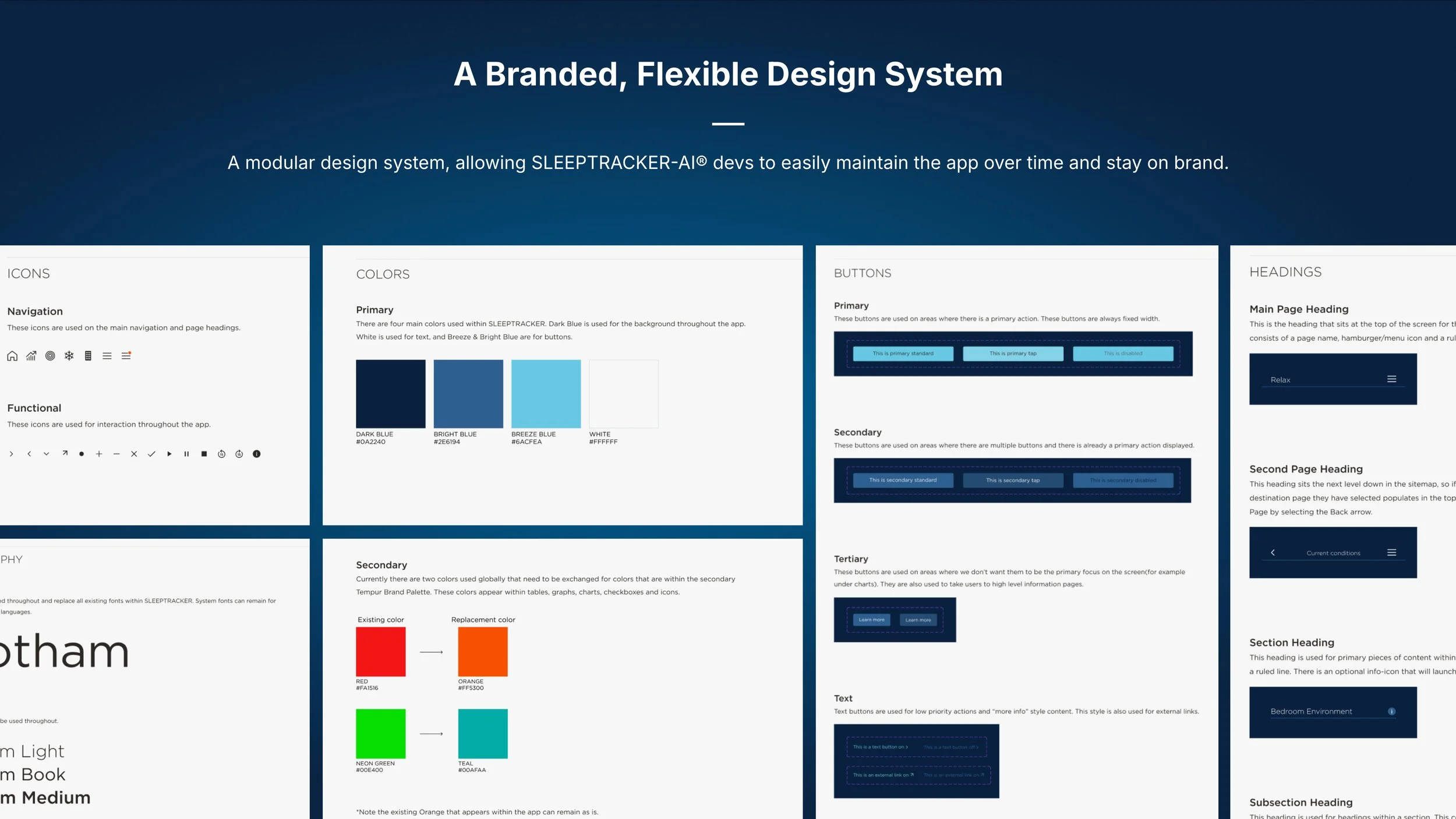 image of tempur design system showing all the shades of blue of tempur