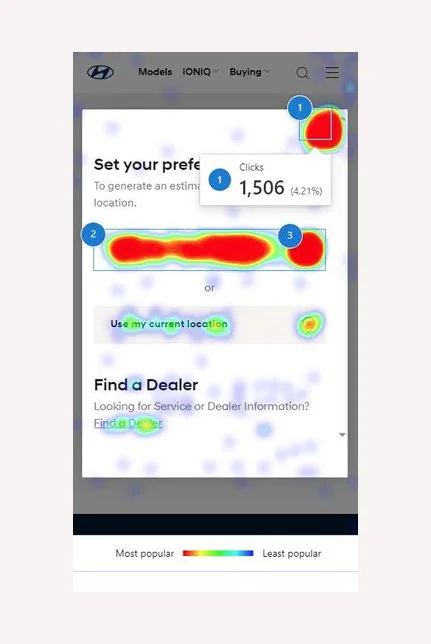hyundai heat map pre-redesign showing significant rage clicks of dealership selector