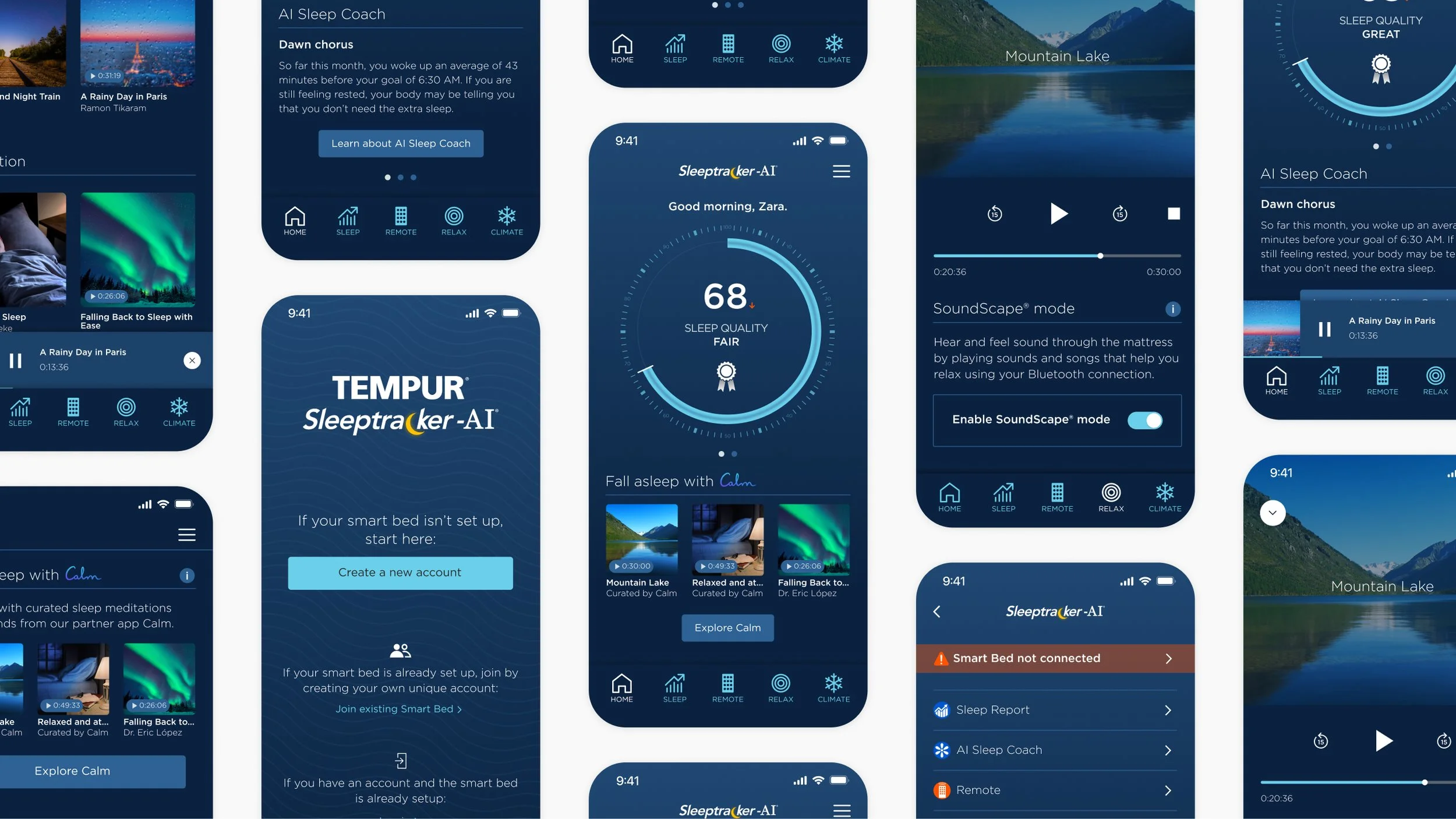 Collection of app screens for the Sleeptracker AI, displaying sleep quality ratings, meditation options, and smart bed connection status, with a background of mountain lake scenery.