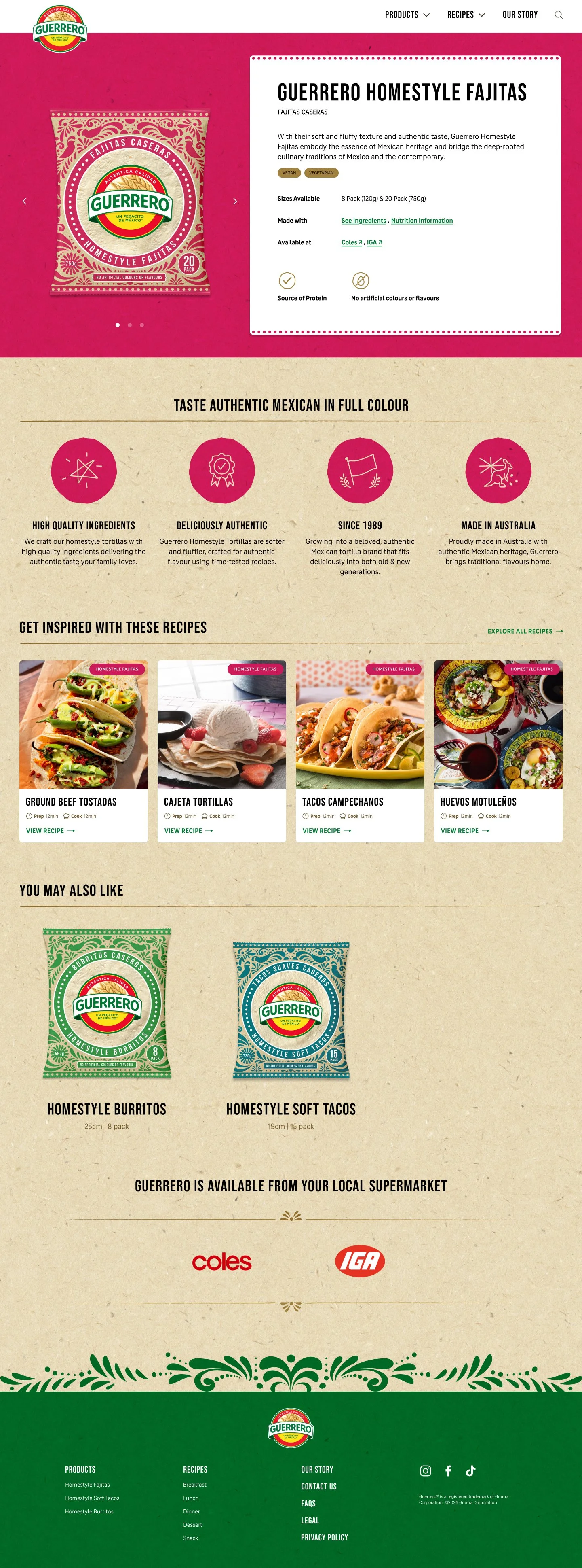 Advertisement for Guerrero Homestyle Fajitas featuring a pink package of fajitas, product details, and recipes for tacos, burritos, and other Mexican dishes, with text emphasizing authentic ingredients and Mexican heritage.