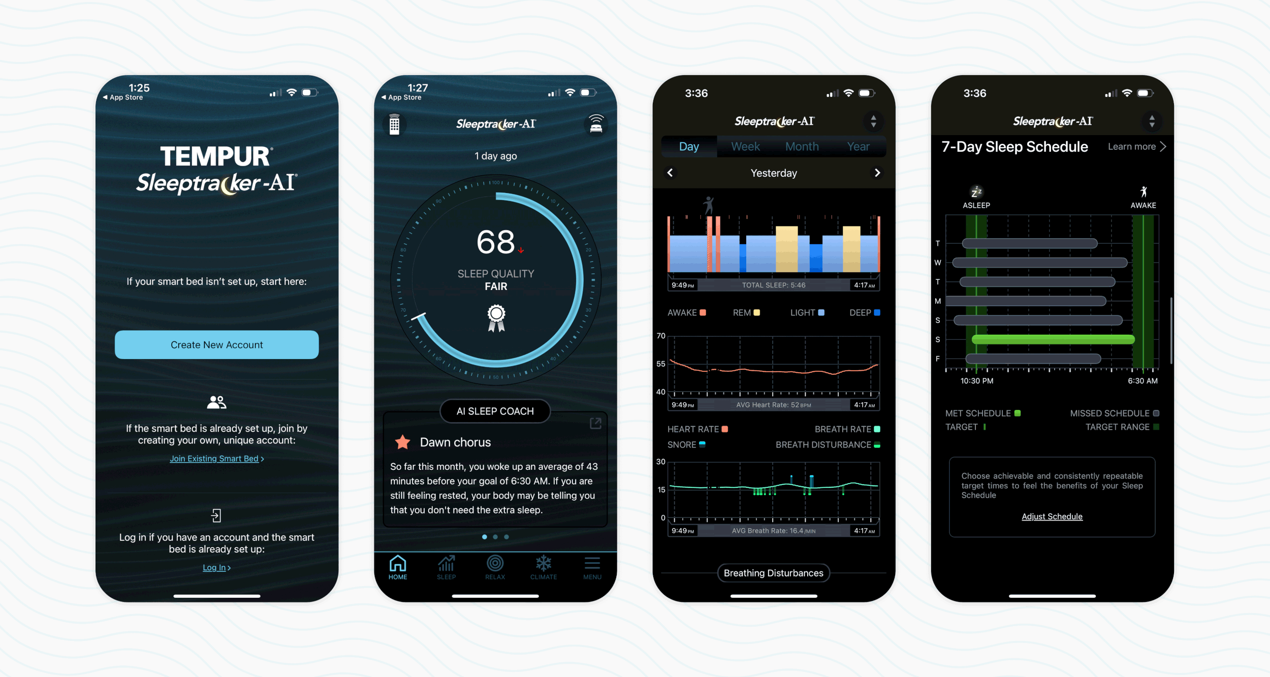 Screenshots of a sleep tracking app interface showing sleep quality scores, sleep patterns, heart rate, and breathing data over days and weeks.