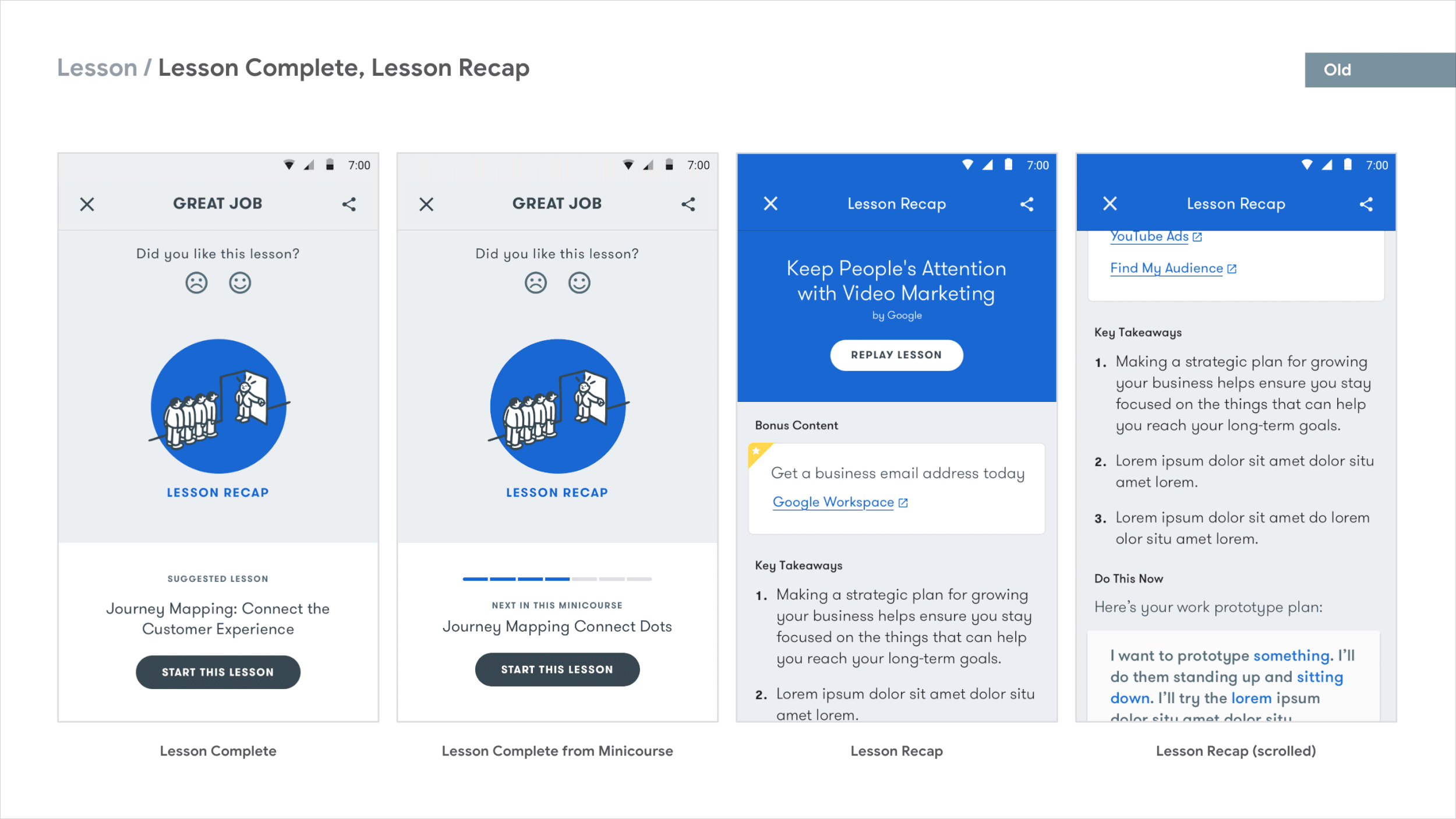 Screenshots of a digital lesson platform showing completed lessons, lesson recaps, and links for further resources, with titles such as 'GREAT JOB' and 'Lesson Recap.'