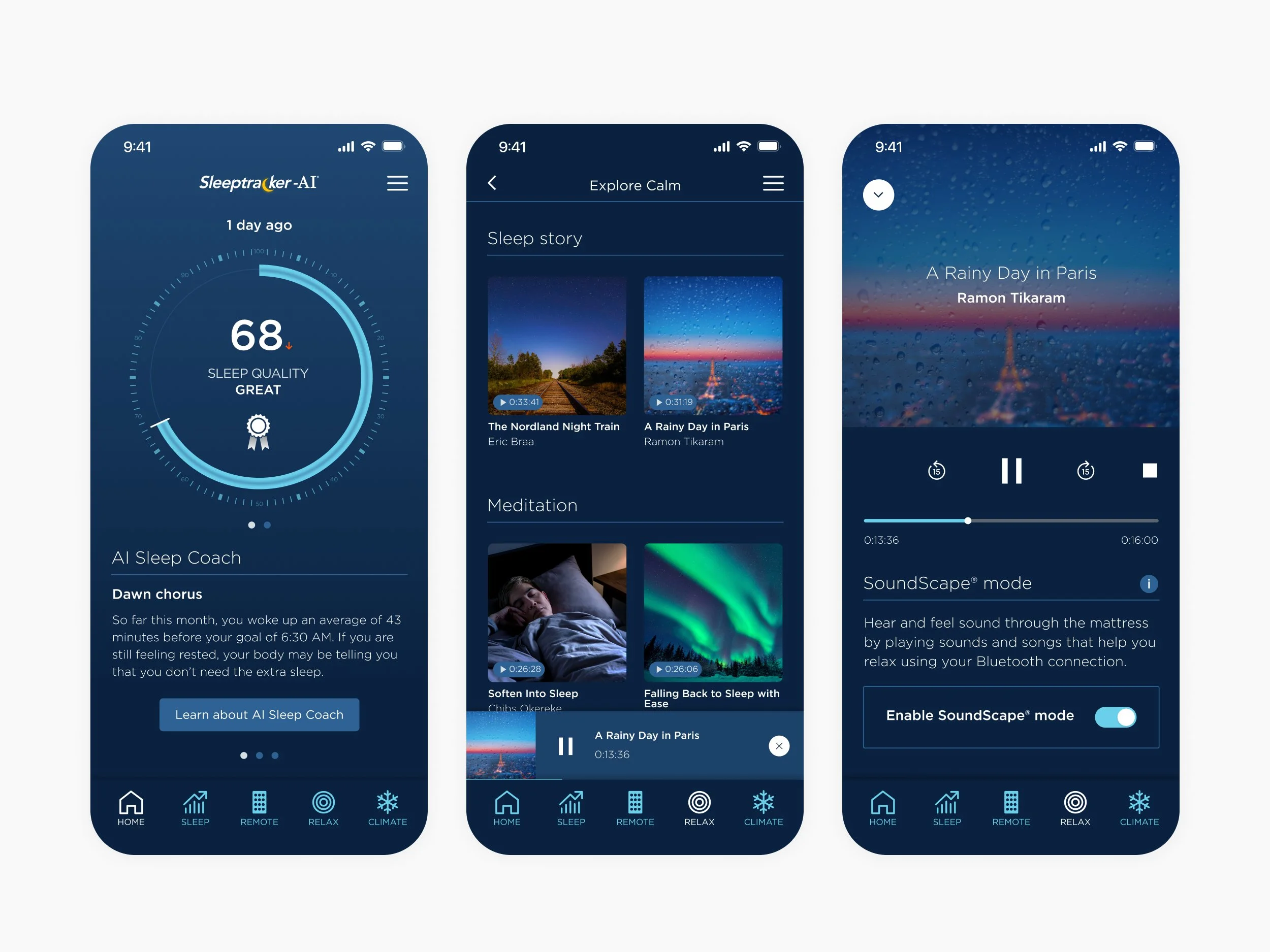 Screenshots of a sleep tracking mobile app with features like sleep quality assessment, sleep stories, meditation, and soundscapes, with navigation icons at the bottom labeled Home, Sleep, Remote, Relax, and Climate.