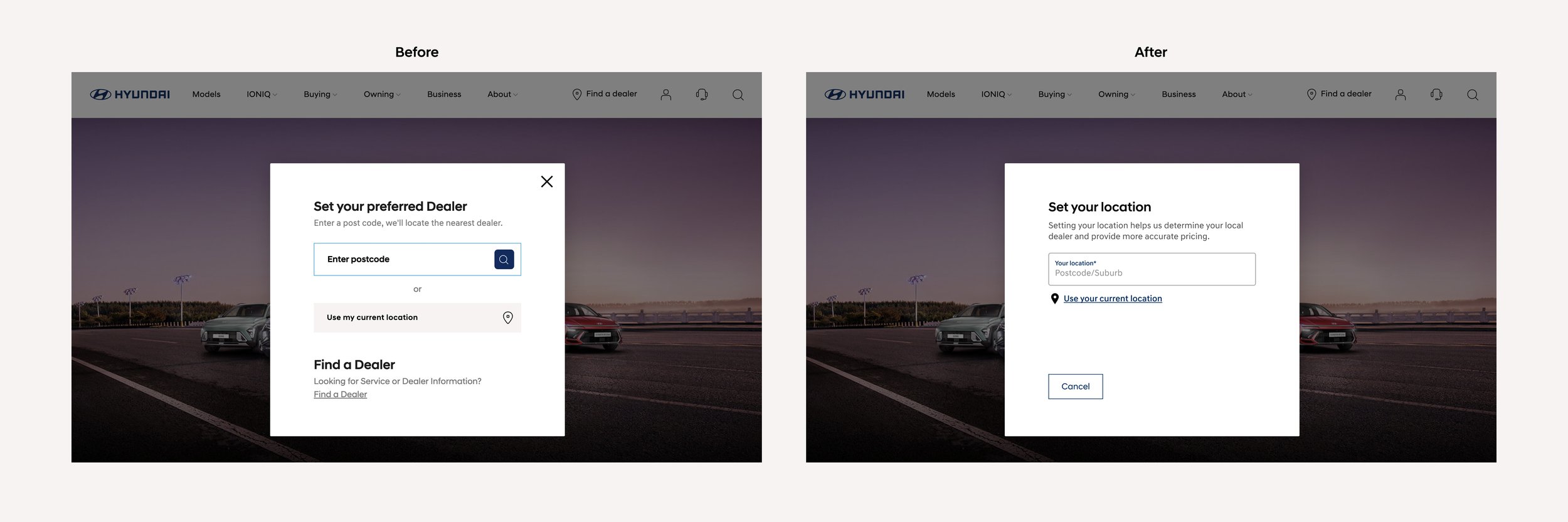 image of UI redesign of hyundai postcode modal