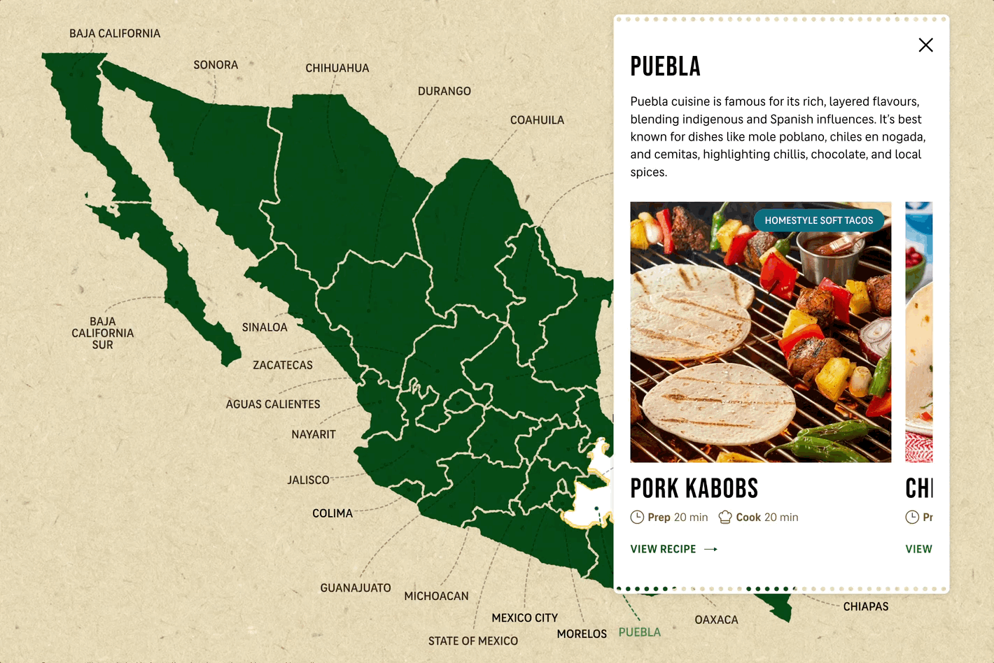 Map of Mexico highlighting the state of Puebla, with a pop-up information box about Puebla cuisine and a recipe for pork kabobs, including preparation and cooking times.