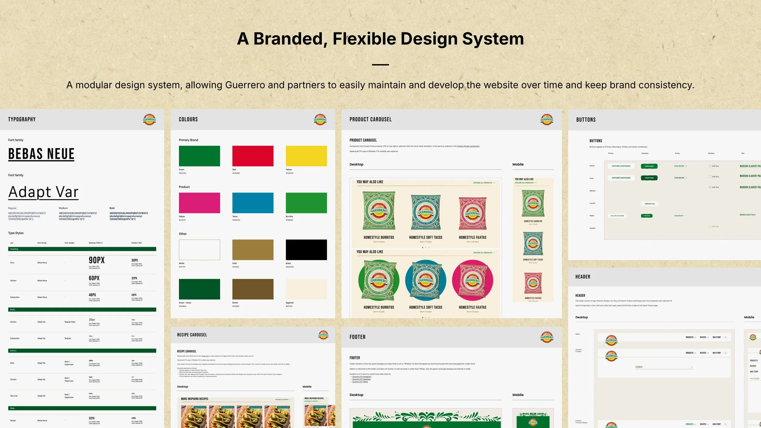 image of guerrero design system showing colourful swatches, fonts and CTAs.