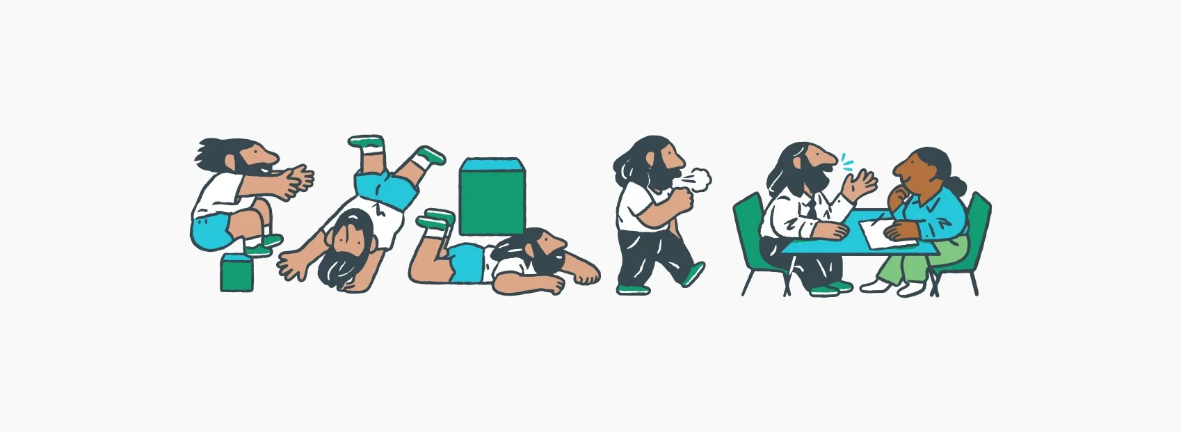 Sequence of google primer cartoon characters transitioning from playing and lying on the ground to talking at a table with a woman.