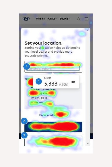 hyundai heat map post redesign showing significantly less rage clicks of dealership selector