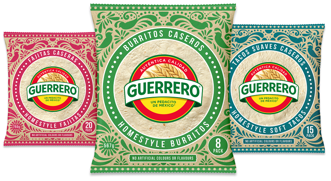 Three packages of Guerrero Mexican tortillas stacked with different flavors and sizes, including fajitas, burritos, and soft tacos, each with colorful packaging and the Guerrero logo.