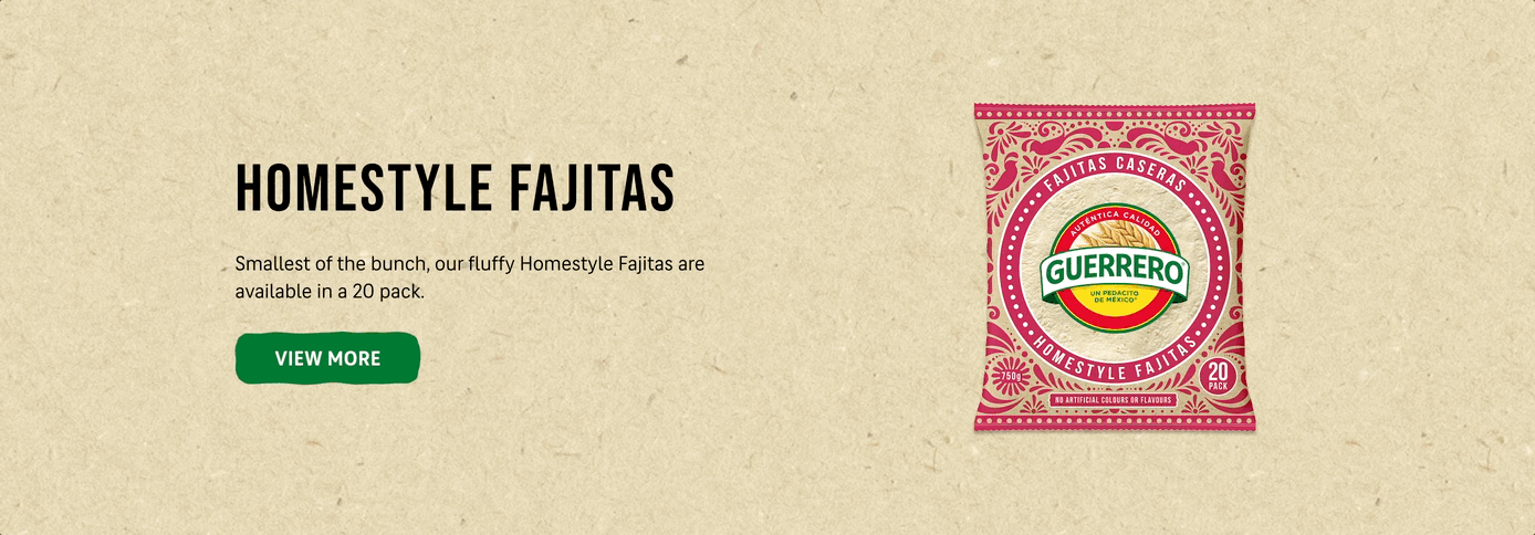 Package of Guerrero Homestyle Fajitas with a pink and white design and the Guerrero logo in the center.