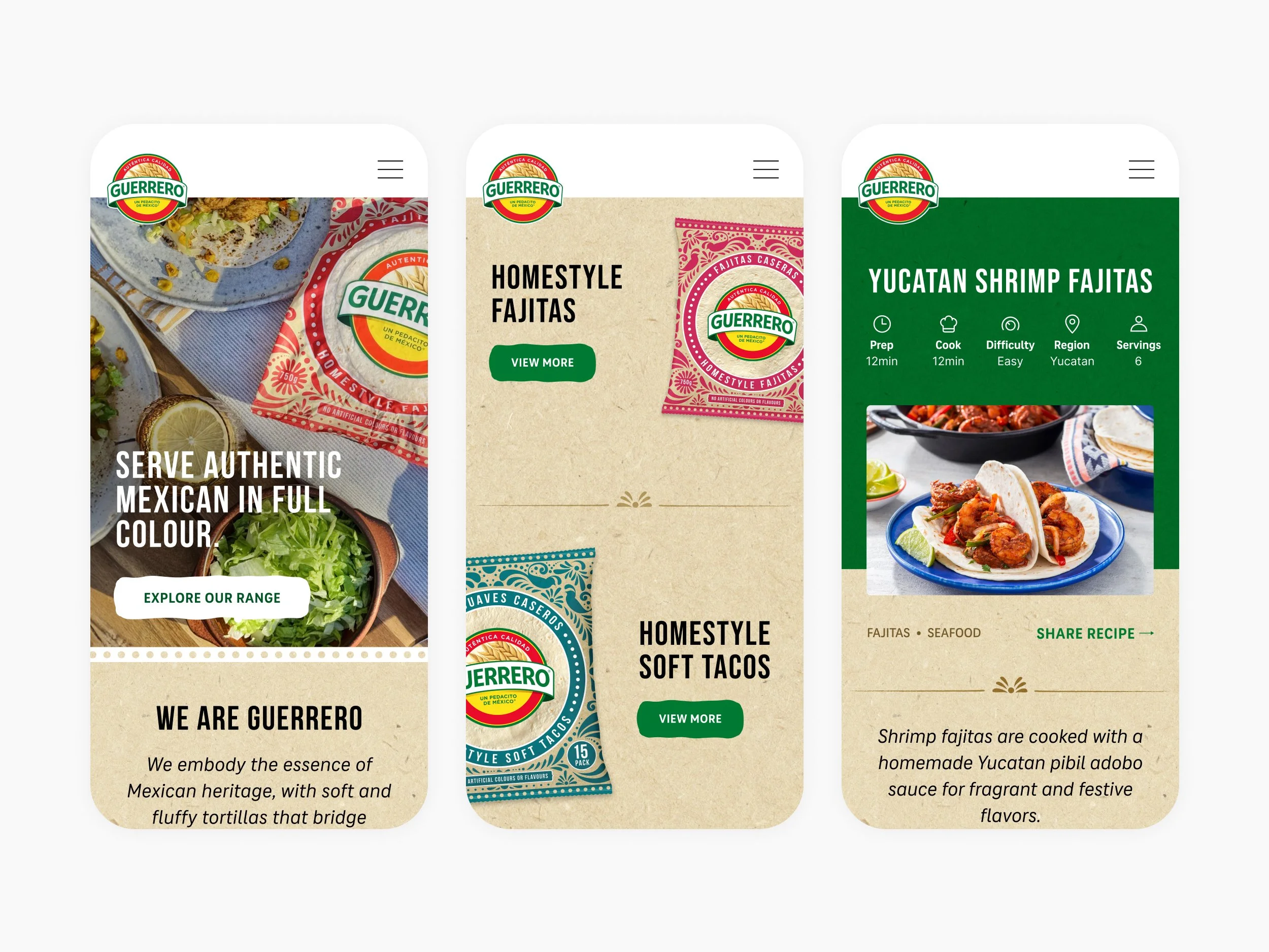Three mobile screens displaying Guerrero brand Mexican food products, including tortillas, soft tacos, and shrimp fajitas, with descriptions and images of the dishes.