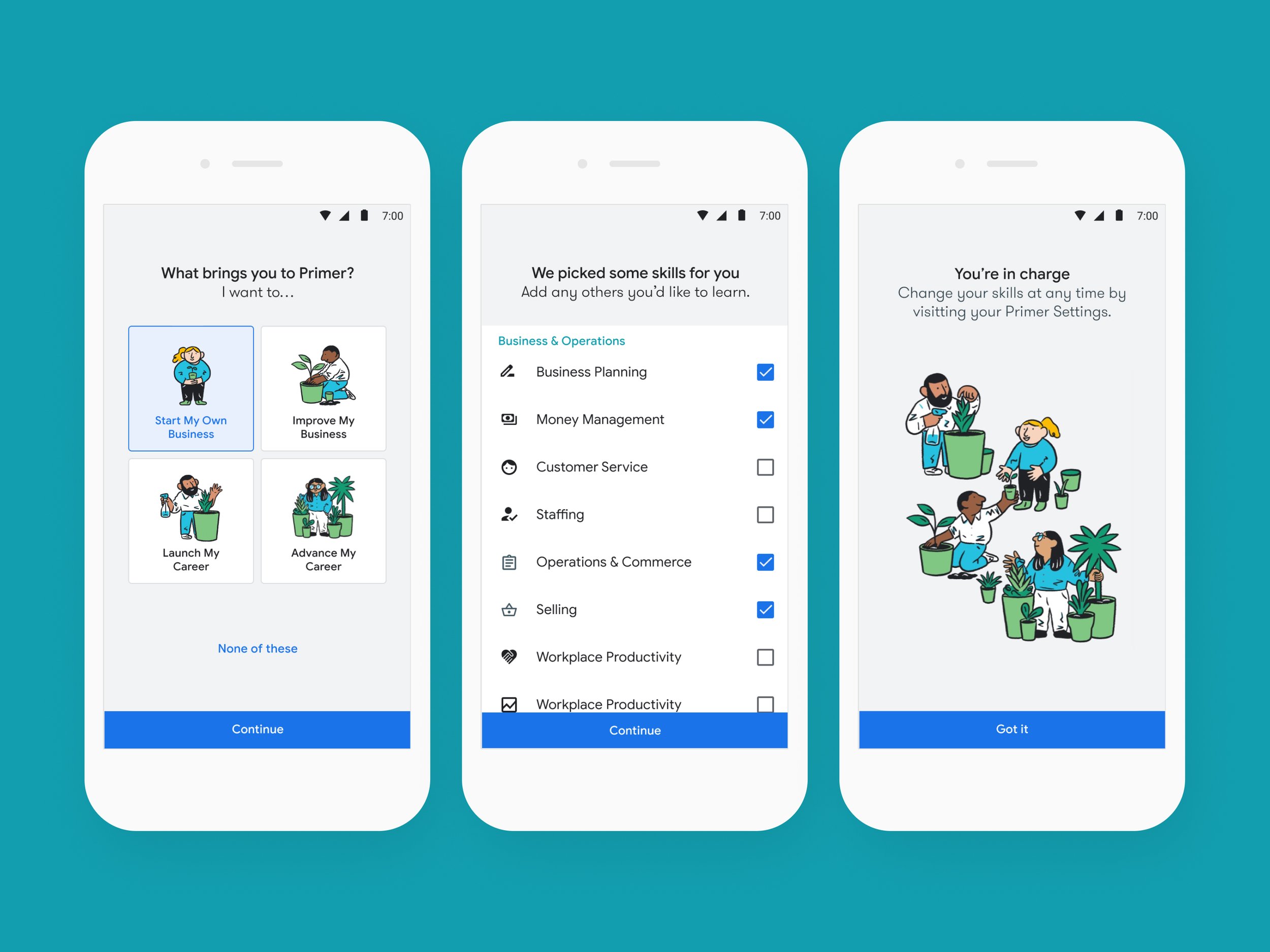 Three smartphone screens displaying different stages of a user interface for Google Primer, with illustrations of people planting and taking care of plants.