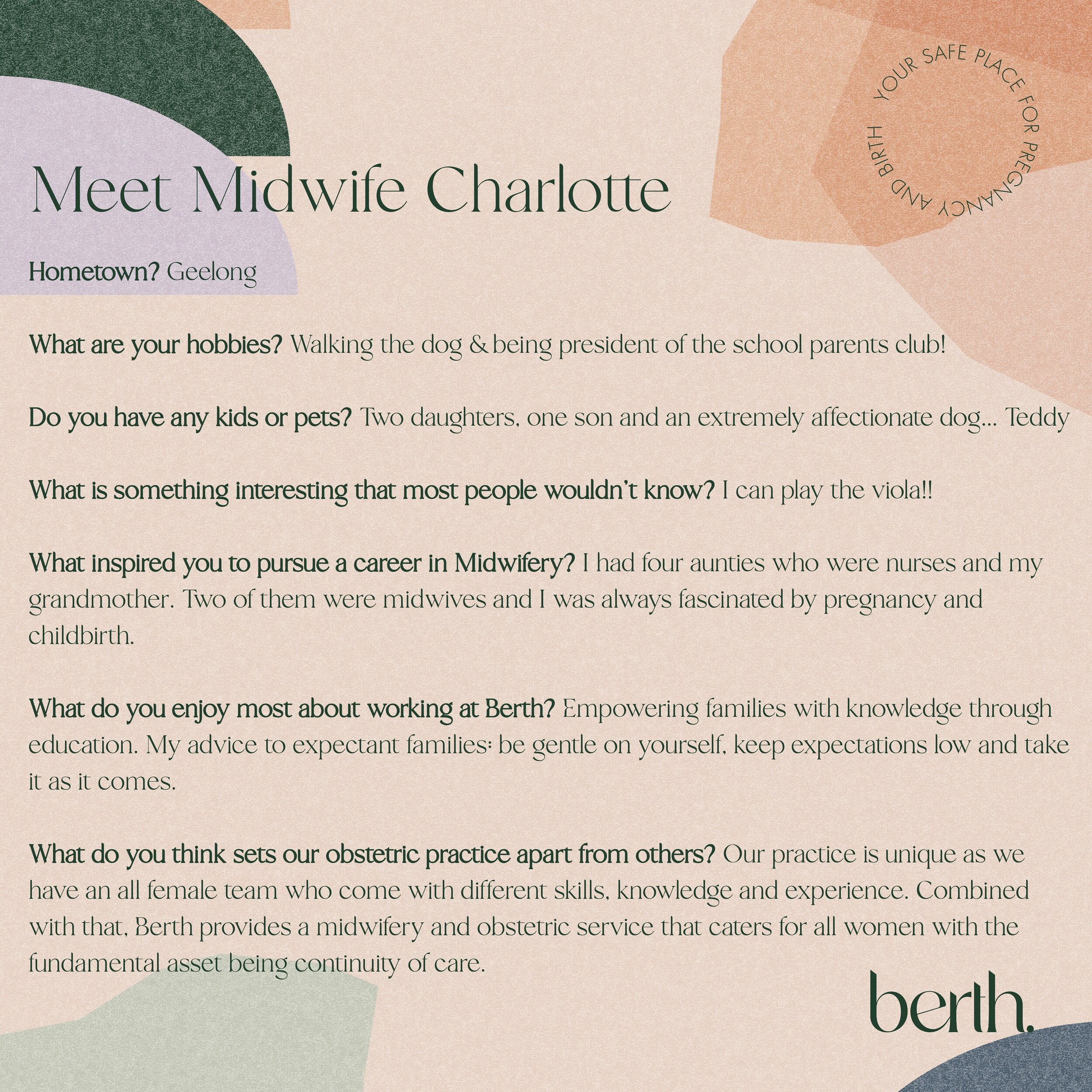 🌟✨ Meet Midwife Charlotte ✨🌟

Hometown?
Geelong

What are your hobbies?
Walking the dog &amp; being president of the school parents club!

Do you have any kids or pets?
Two daughters, one son and an extremely affectionate dog... Teddy

What is some