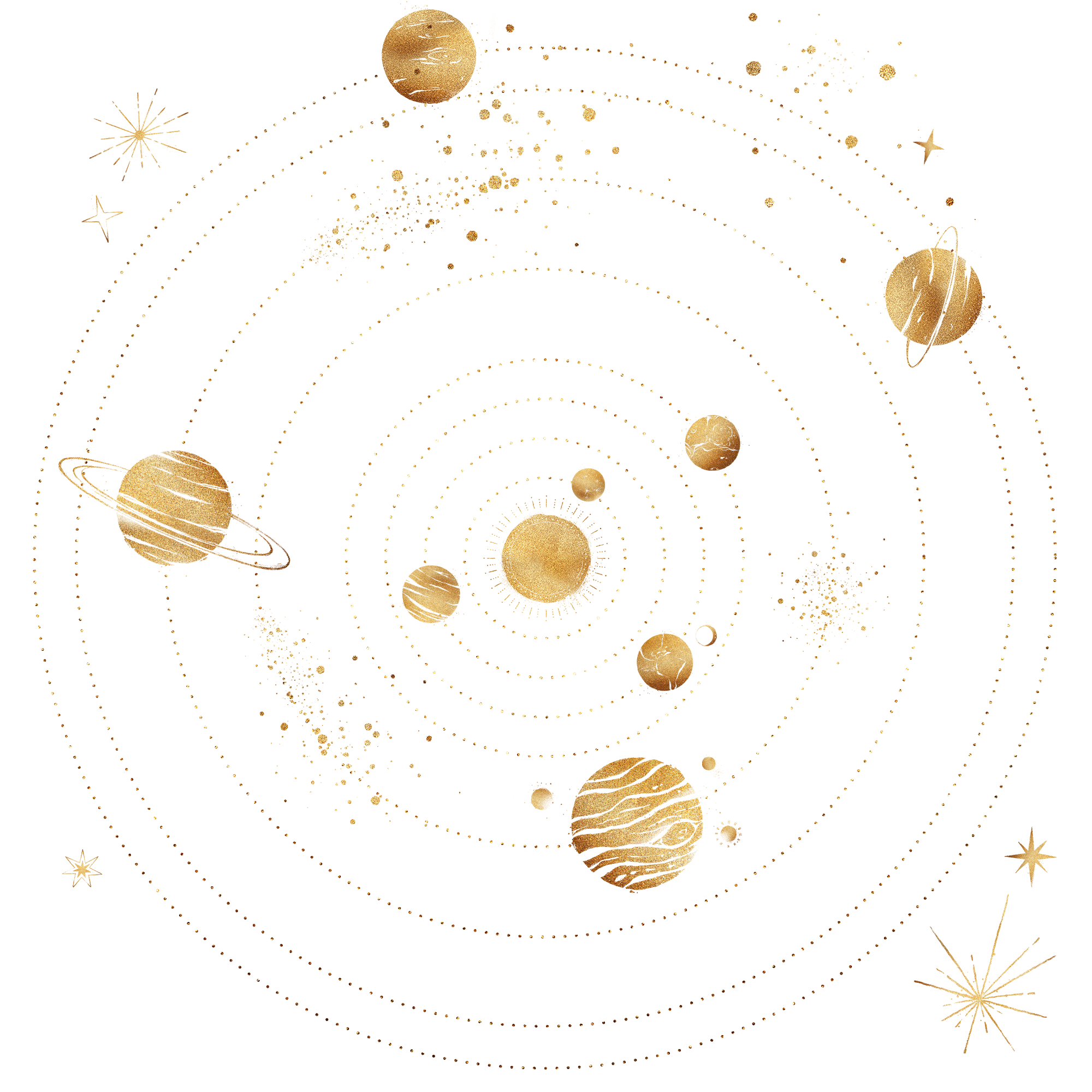 A stylized gold and black illustration of planets and stars in space, with dotted orbits and textured surfaces.
