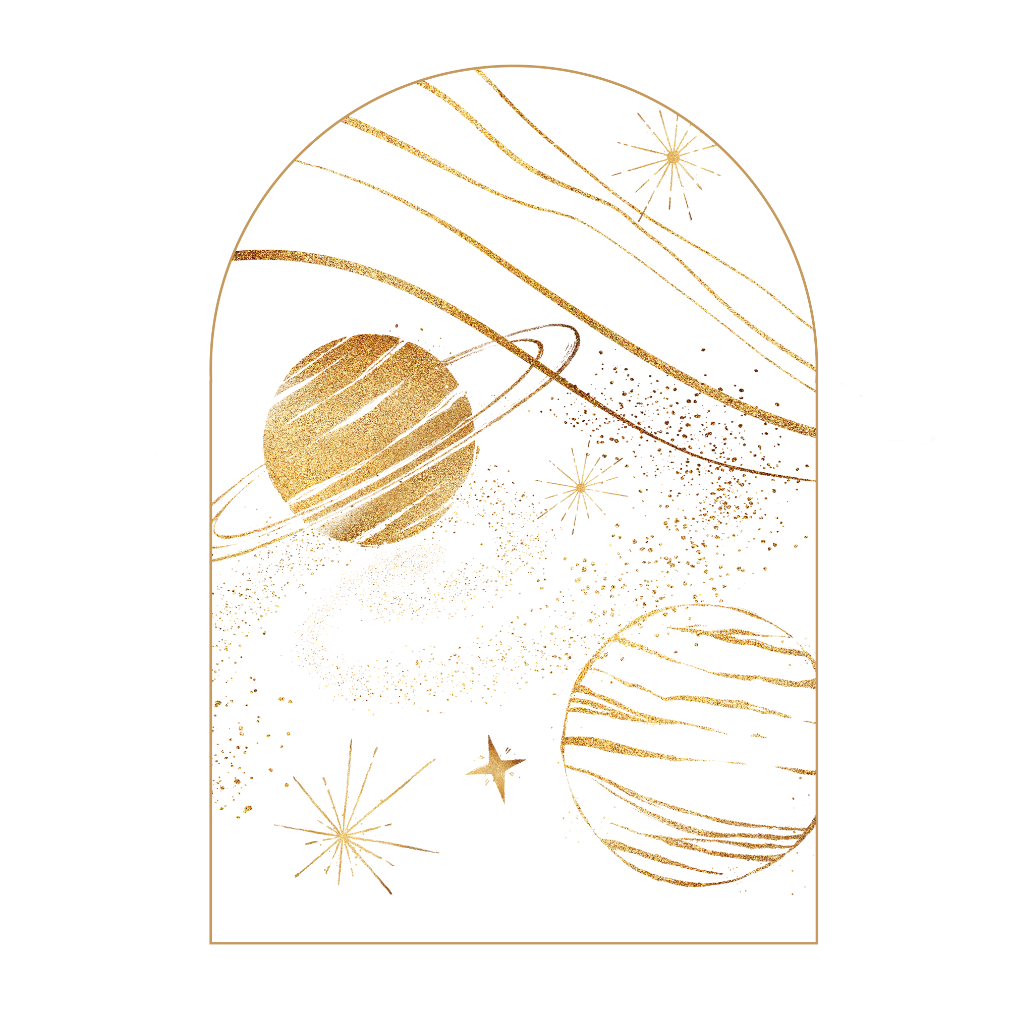 Gold fireworks and abstract cosmic design on black background.