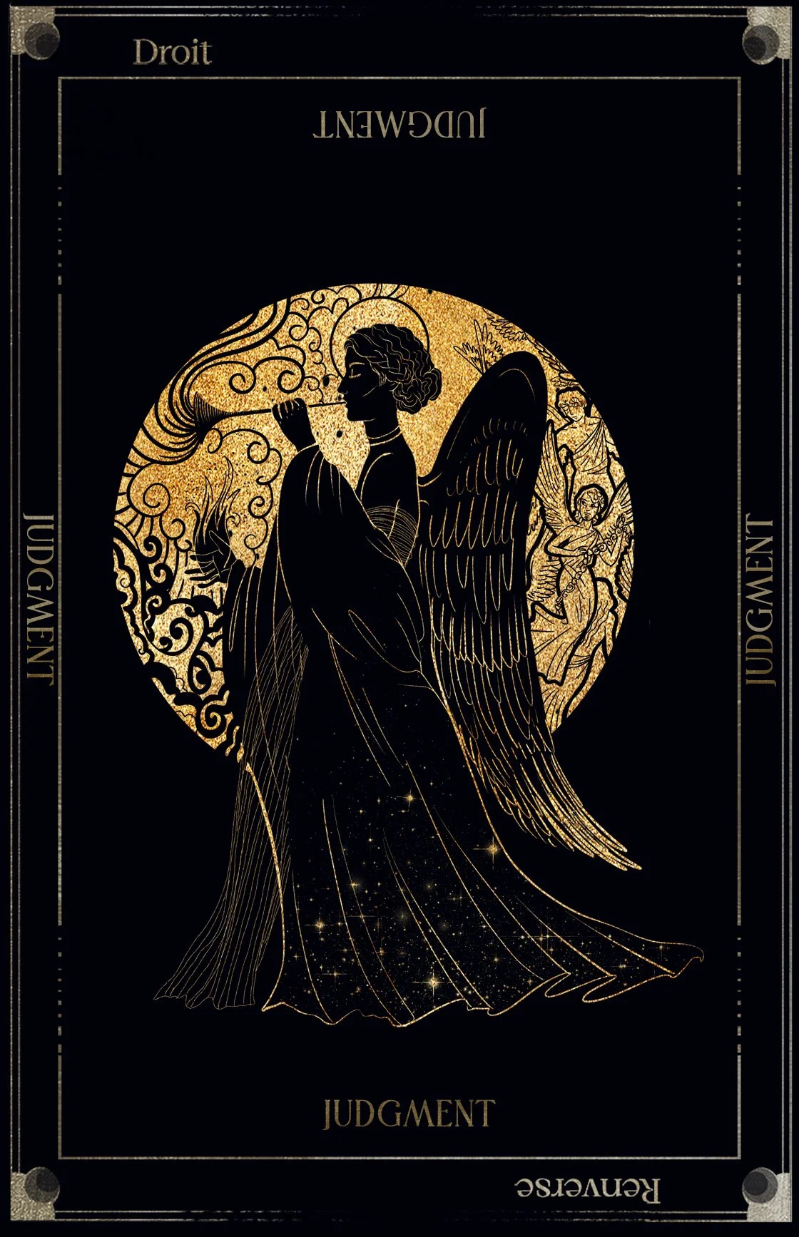 A tarot card labeled "Judgment" depicting a golden angel blowing a horn, with a halo around its head, and three figures in the background.