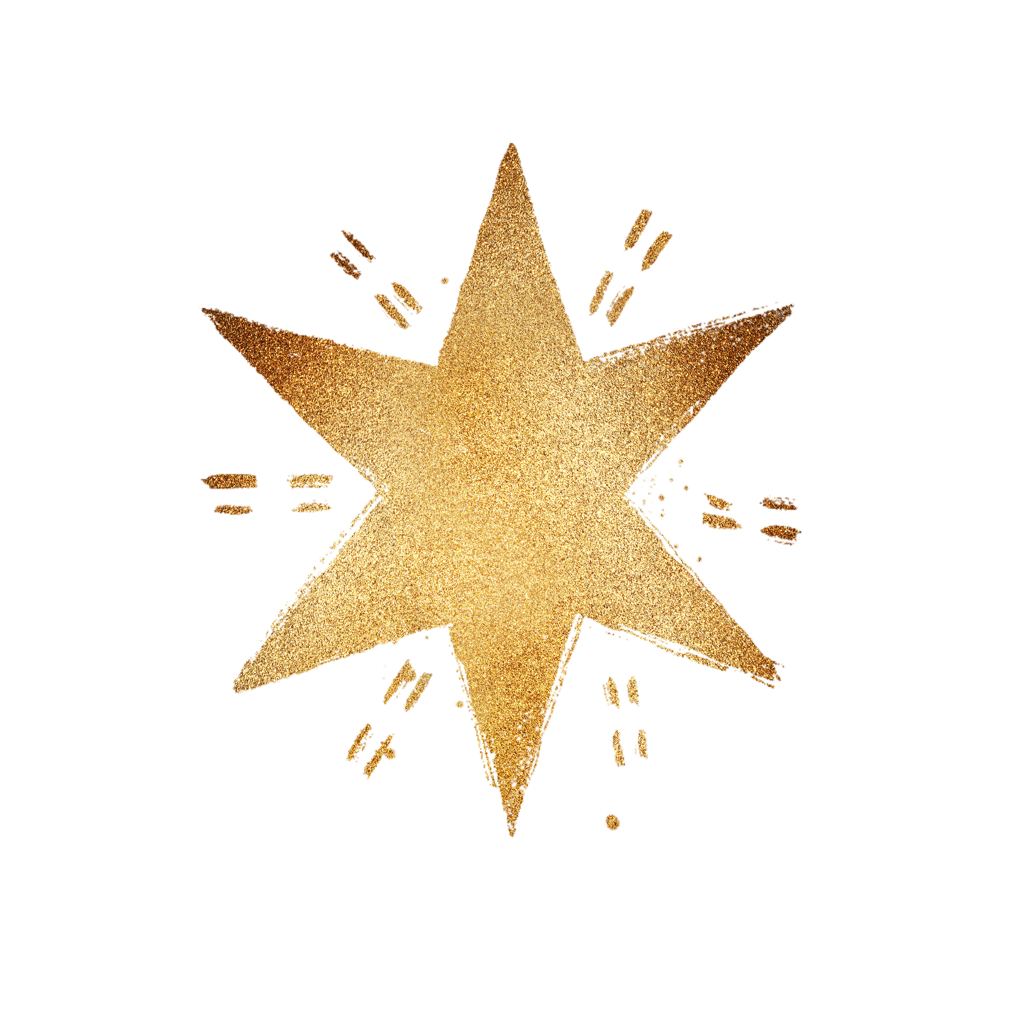 A glittery, gold, five-pointed star with smaller lines radiating outward.