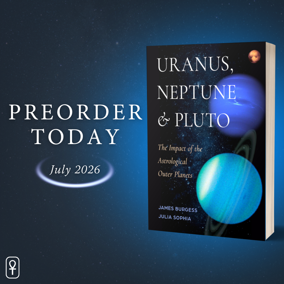 Book cover titled 'Uranus, Neptune & Pluto: The Impact of the Astronomical Outer Planets' by James Burgess and Julia Sophia, with illustrations of planets and stars on a space background. Promotion to preorder the book in July 2026.
