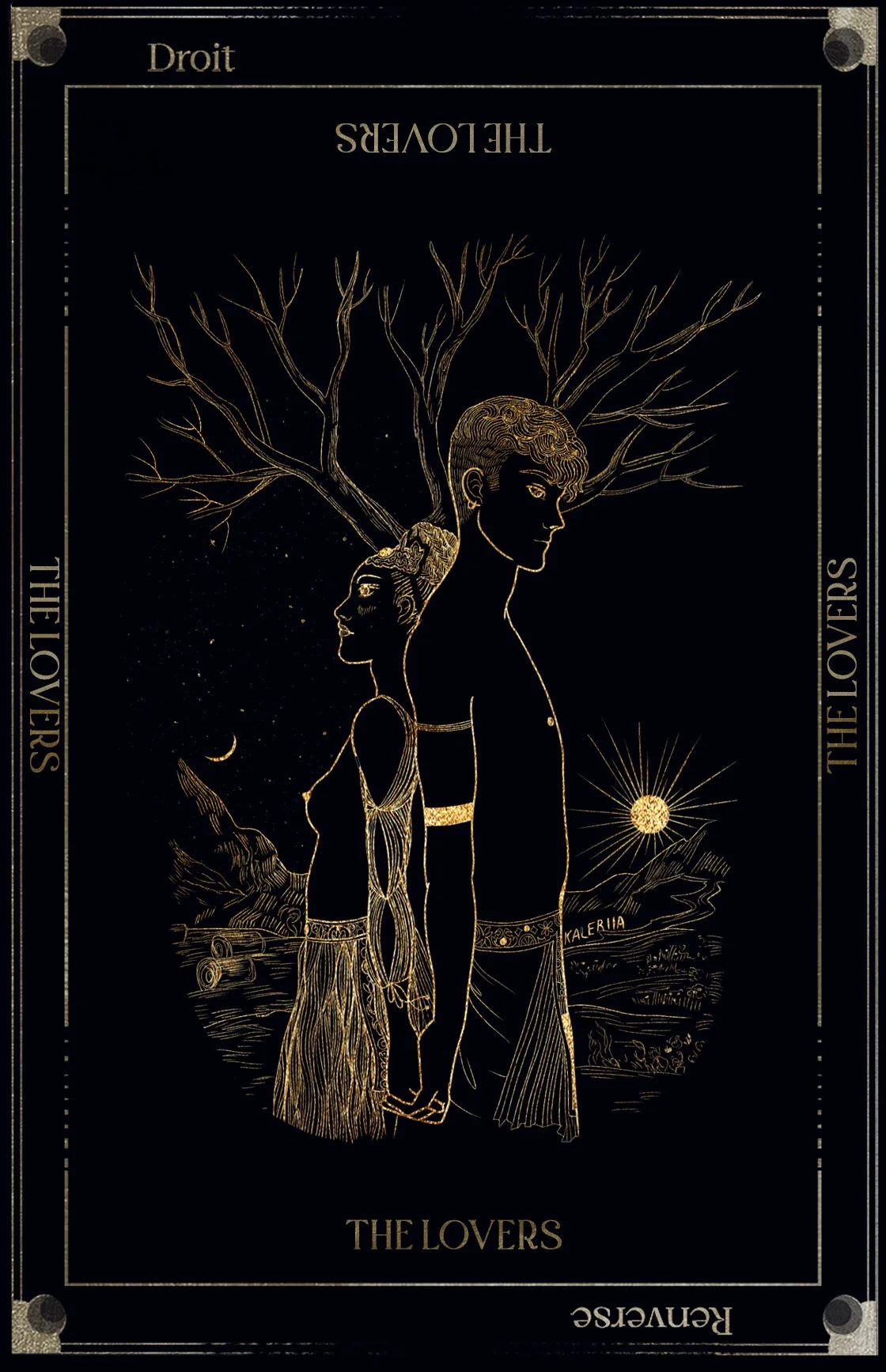 An artistic illustration of a man and woman holding hands, with celestial and nature elements, labeled 'The Lovers' and 'Droit'.