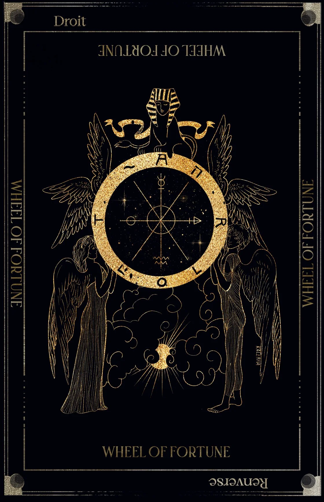 Illustration of the Wheel of Fortune tarot card with a black and gold color scheme, featuring a wheel with astrological symbols at the center, surrounded by winged figures and celestial symbols.