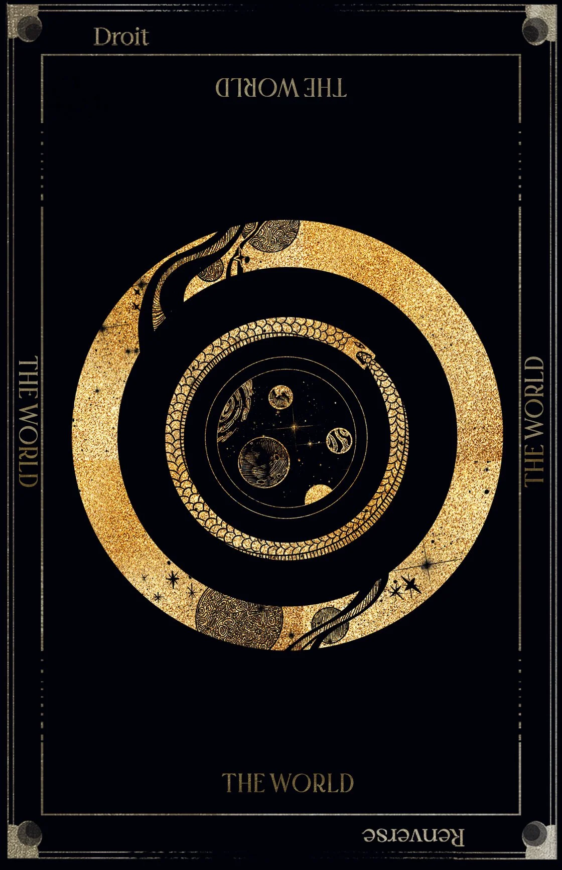 Black and gold illustrated tarot card titled "The World" with planets and cosmic patterns.