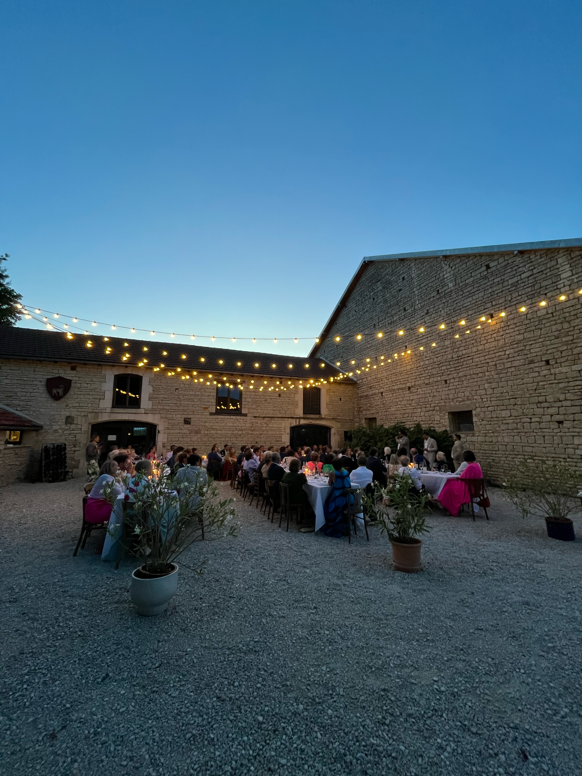 Een avondfeest in een binnenplaats met een groep mensen die aan lange tafels eten. Er hangen string lights boven en er zitten planten in potten.