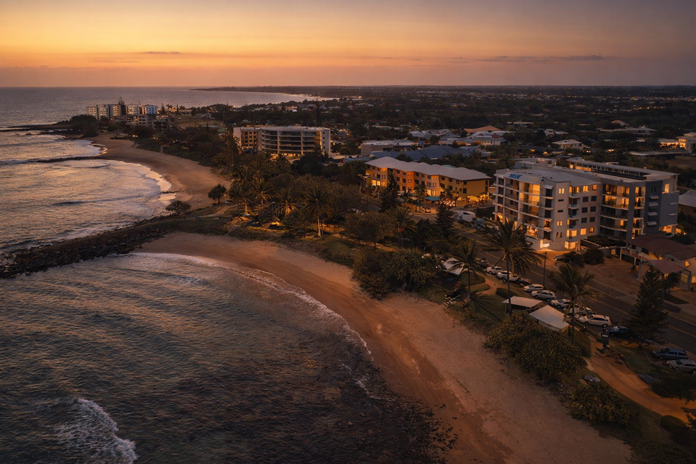 Aerial drone photography of Bargara coastline at sunset near Bundaberg