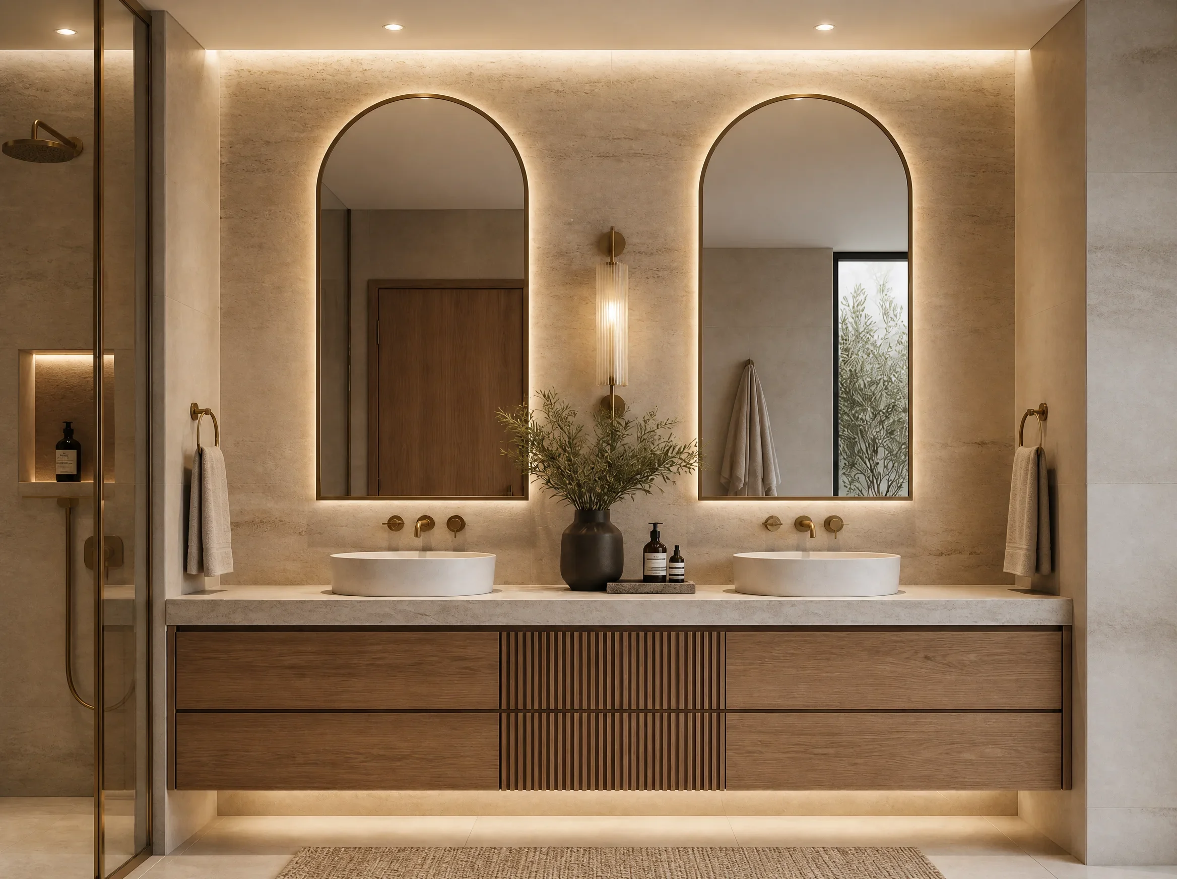 American Oak timber double vanity with brass tapware and backlit oval mirrors in a custom Sydney bathroom