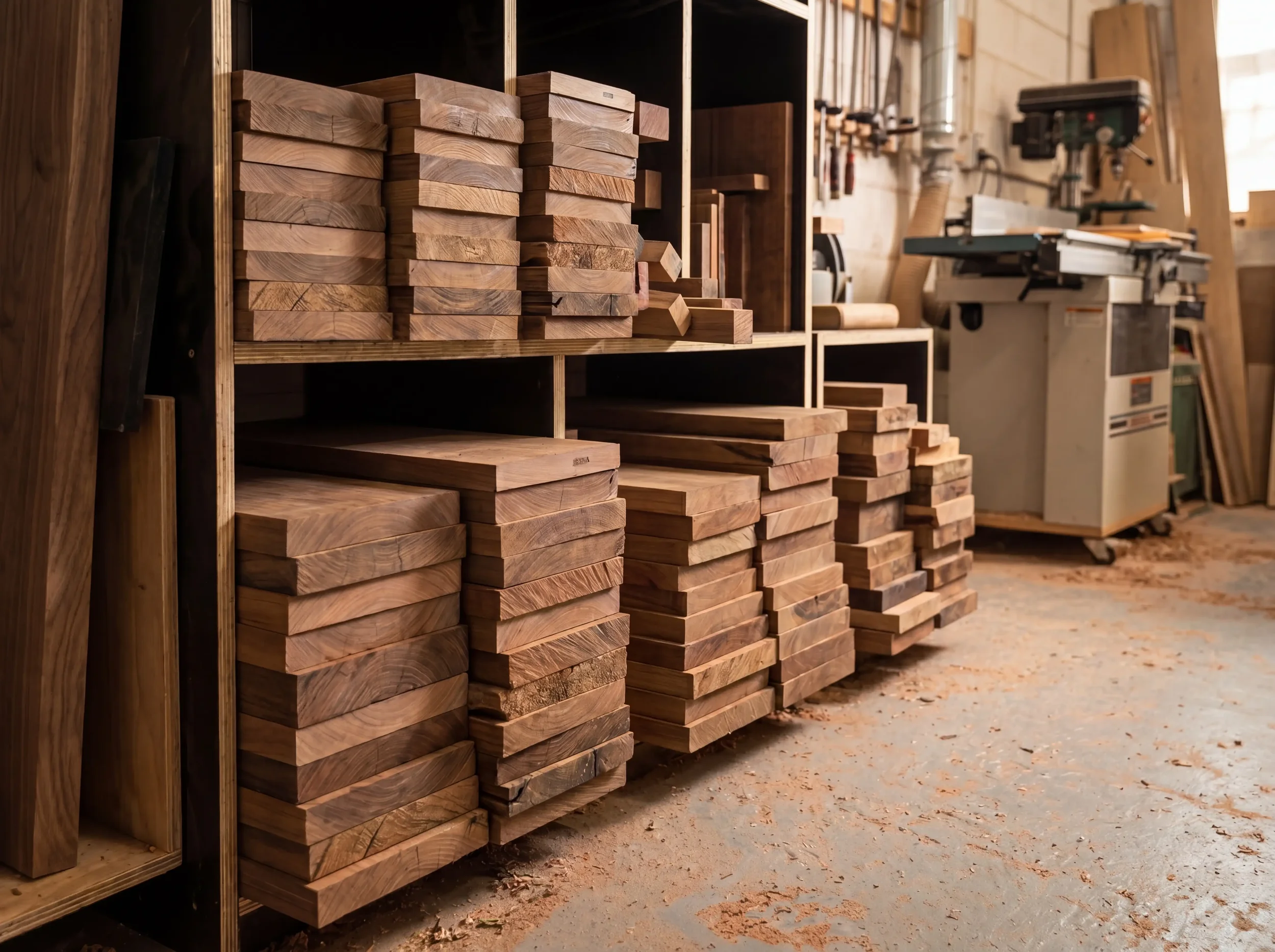 Timber planks stacked in a woodworking workshop — BA Furniture Sydney