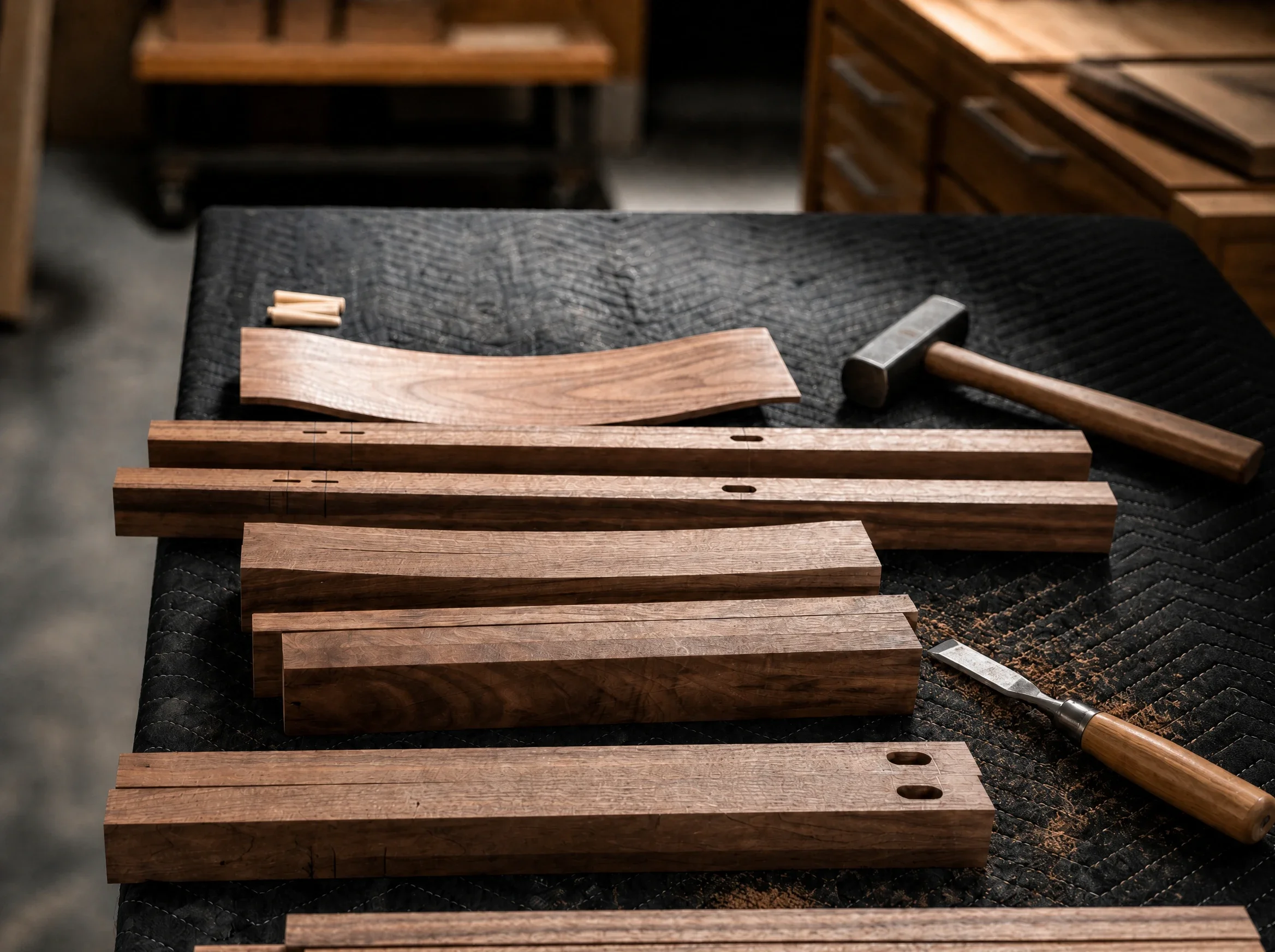 Shaped solid walnut furniture components with hand-cut joinery details