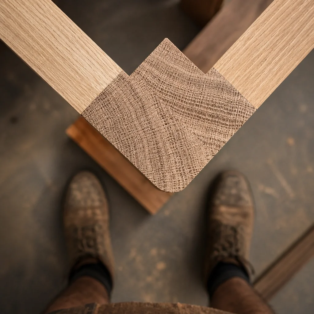Overhead view of a craftsman joining two pieces of solid timber at BA Furniture's Brookvale workshop