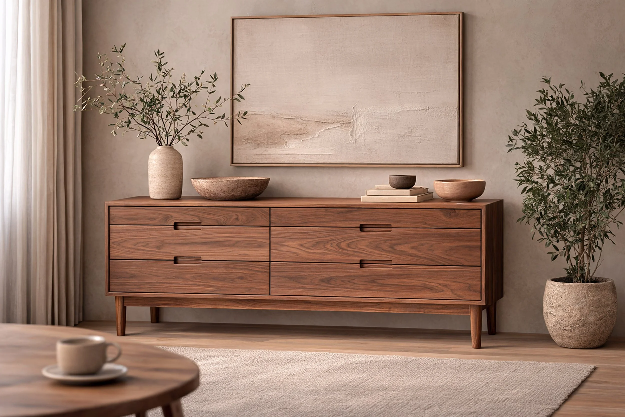 American Walnut Sideboard with tapered and rounnded legs, includinng 6 solid timber drawers with finger pull