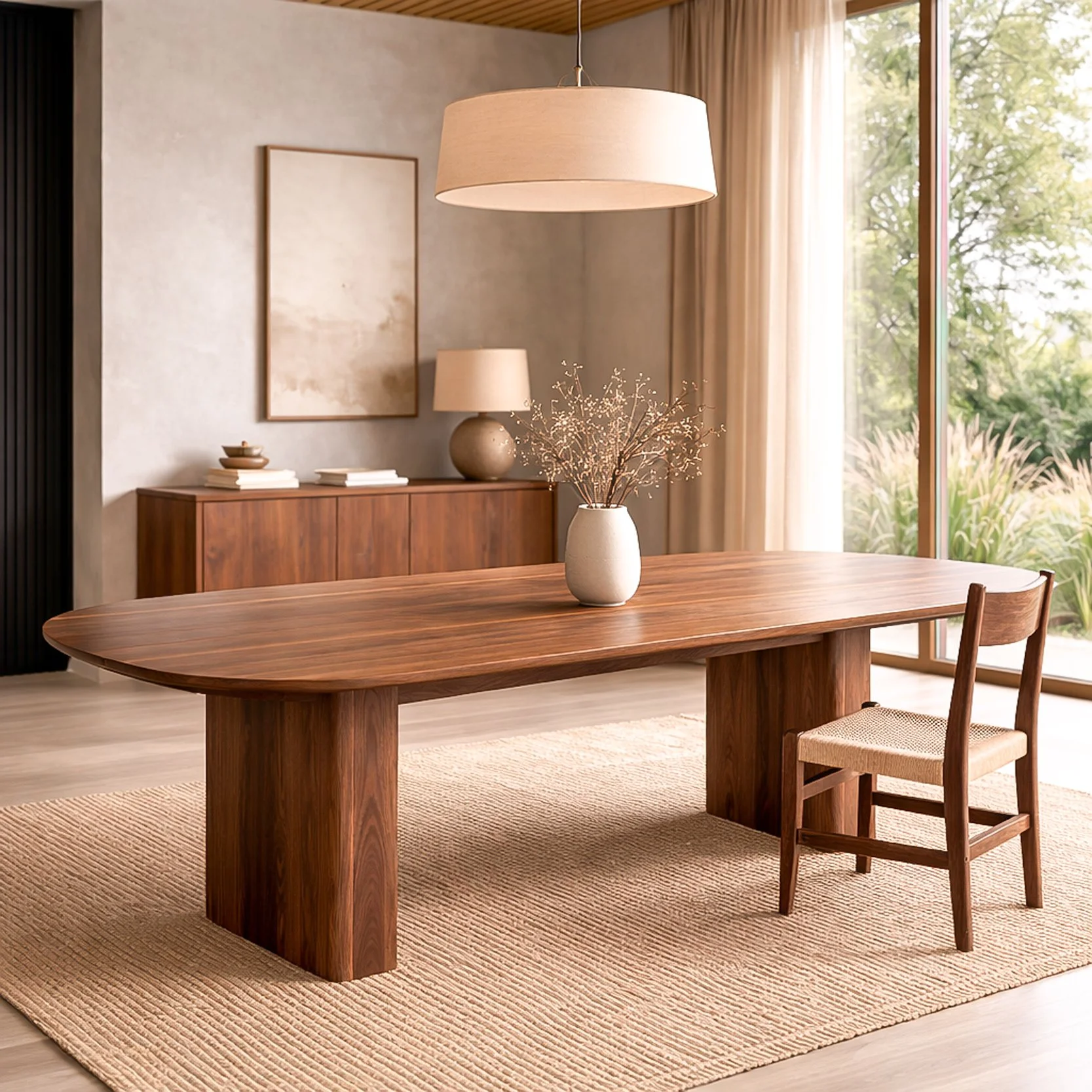 Solid Timber in American Walnut Dining Table with curved edges and two rectangular rounded bases