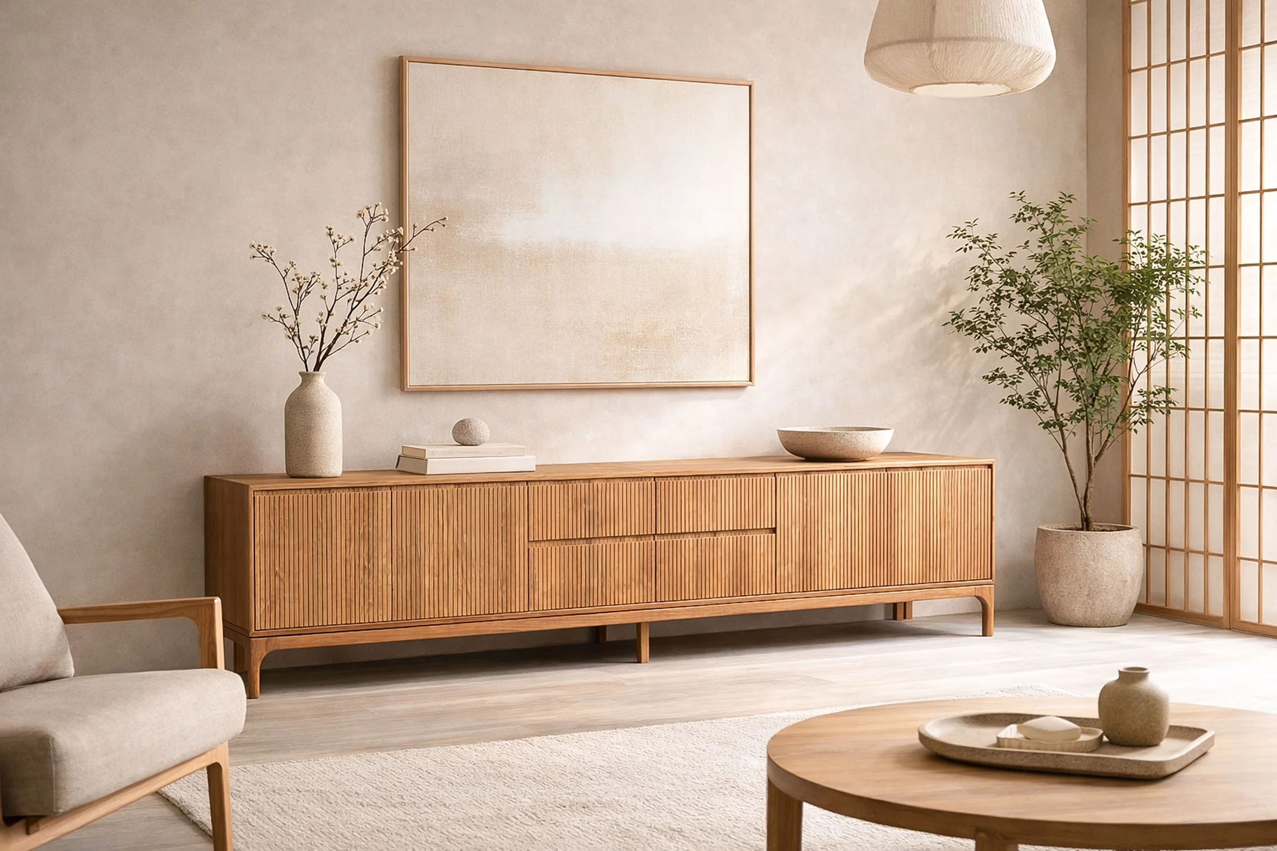 Solid Timber Blackwood Entertainment unit with curved round legs, front with grooves, four drawers and two doors