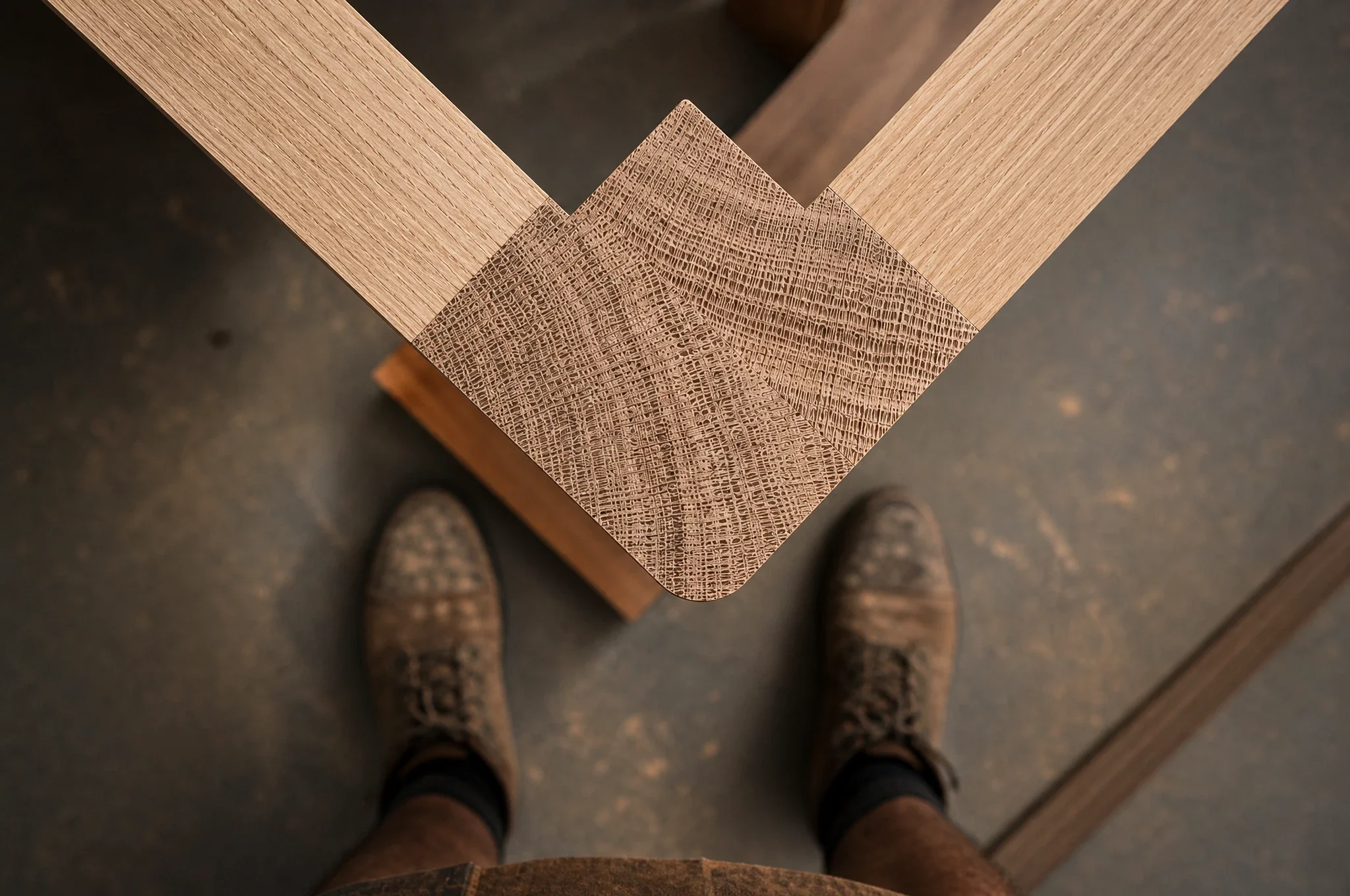Detail of mitred timber joinery on a custom oak and walnut table frame, BA Furniture workshop Sydney