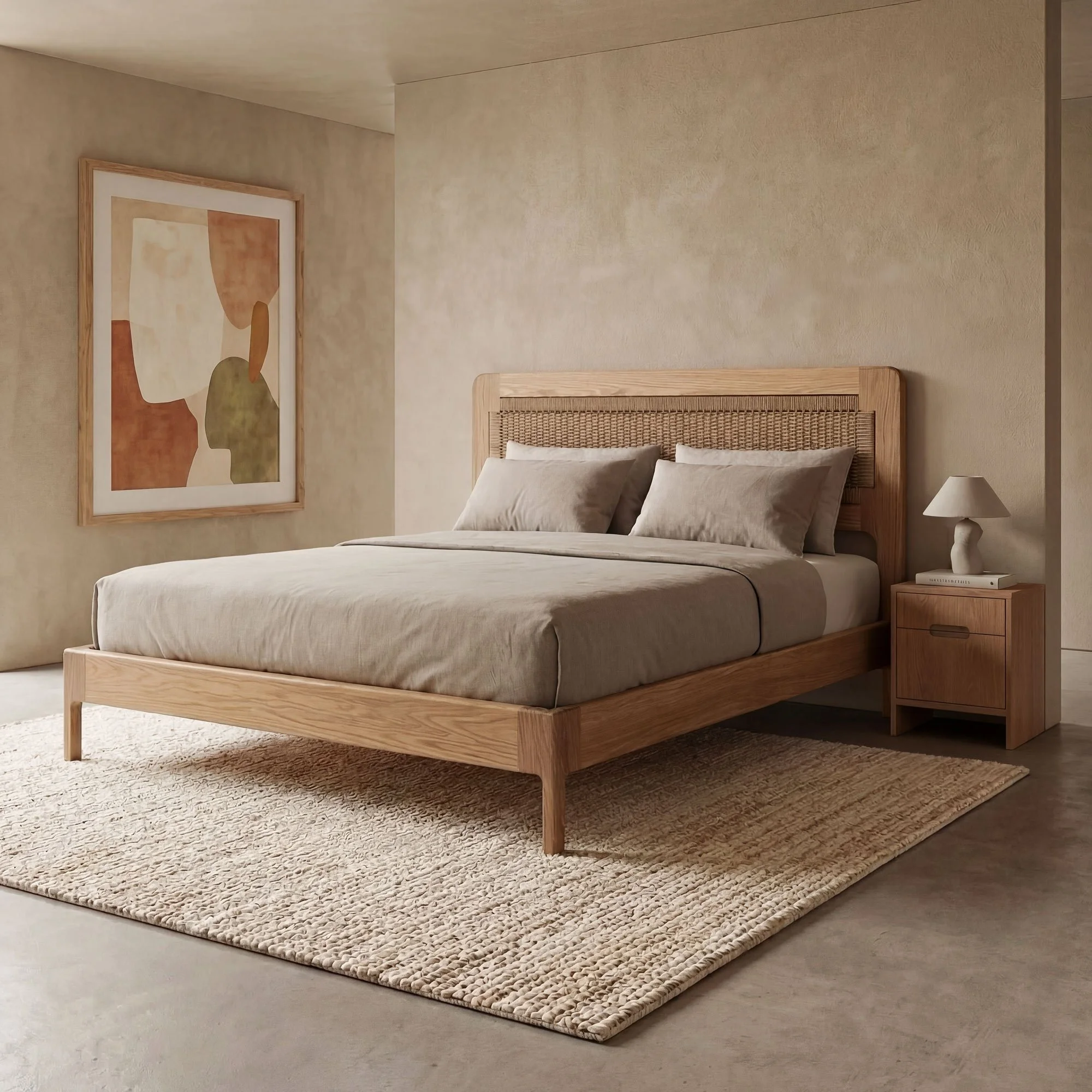 Bed Frame in solid American White Oak timber with bedhead and danish cord, curved and round legs