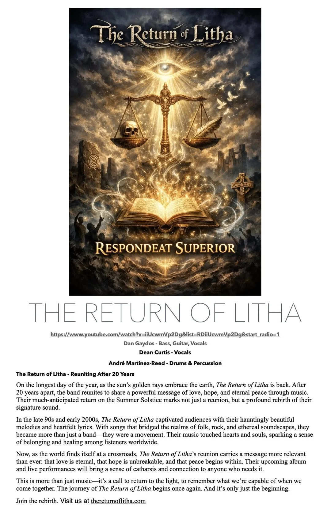 André Martinez -Reed ...Promotional poster for 'The Return of Litha' featuring a glowing open book, a golden balance scale with a skull and feather, an eye in the sky, a cross, and silhouettes of cheering people amid a mystical, cloudy background. 