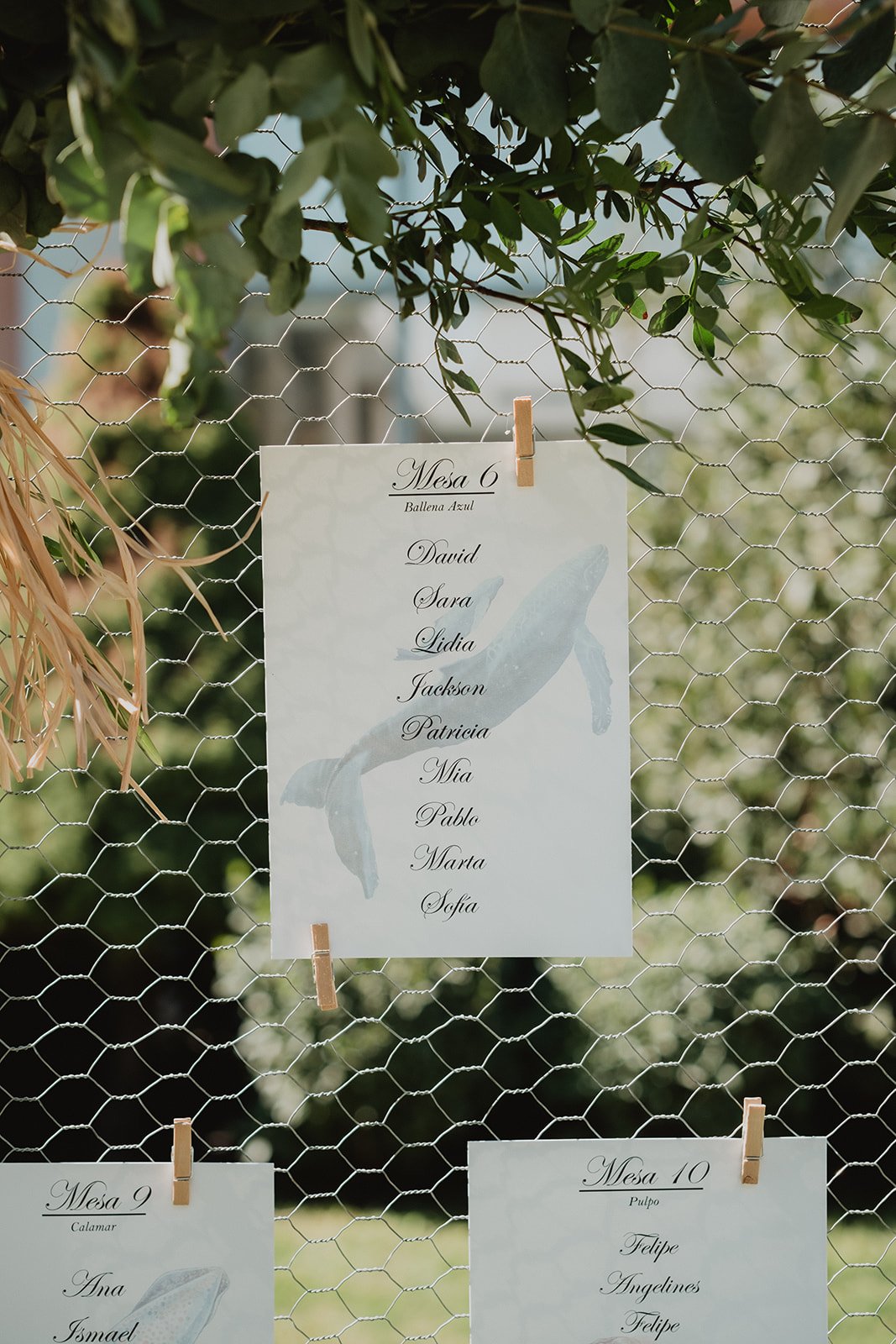 Cartel de distribución de mesas de boda decorado con hojas verdes. Muestra "Mesa 6" con nombres de personas y un dibujo de ballena azul.