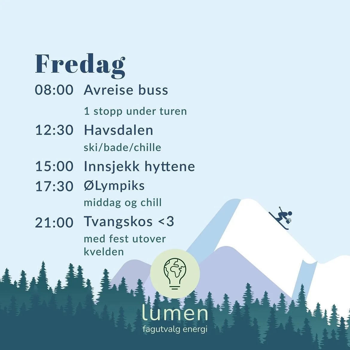 N&aring; n&aelig;rmer enerSKItur seg😍⛷️ Her er oppdatert program og praktisk info! &Oslash;nsker dere &aring; kj&oslash;pe afterski billetter, kan dere kj&oslash;pe det her https://app.checkin.no/event/69367 
Det kan ogs&aring; kj&oslash;pes i d&osl