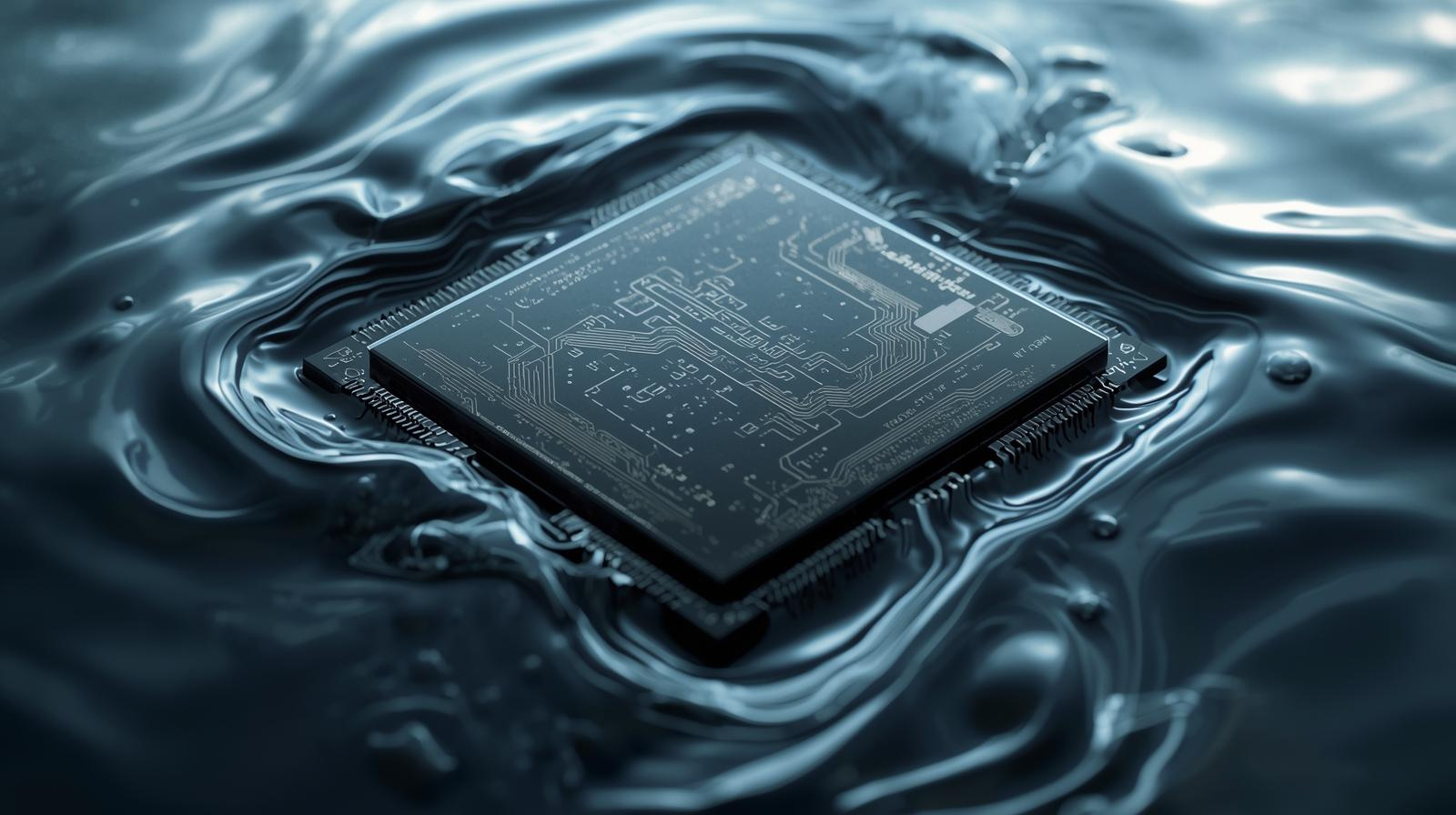 Conceptual illustration of high-performance compute hardware submerged in dielectric immersion fluid for direct liquid cooling