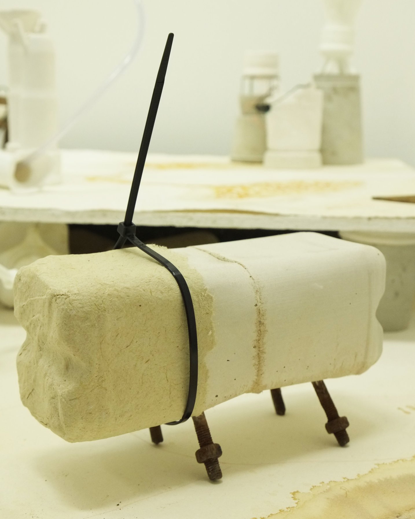 Cast concrete 4 pint milk carton, found objects and cast straw paper.