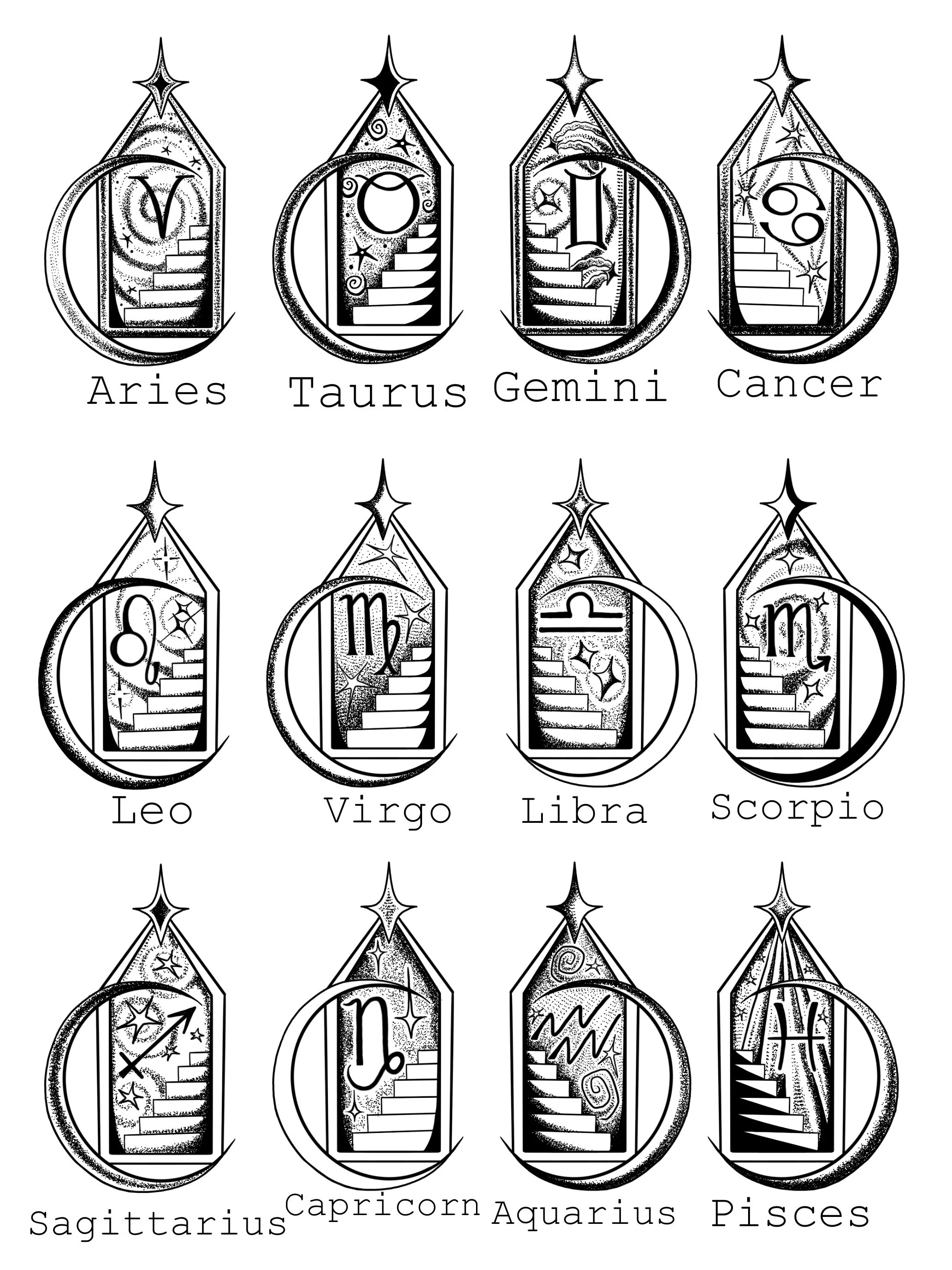 Repeatable zodiac signs, to be rendered in black work or color. If you dig another sign’s background, we can swap symbols with portals! To be tattooed with or without the name of the sign below the portal~