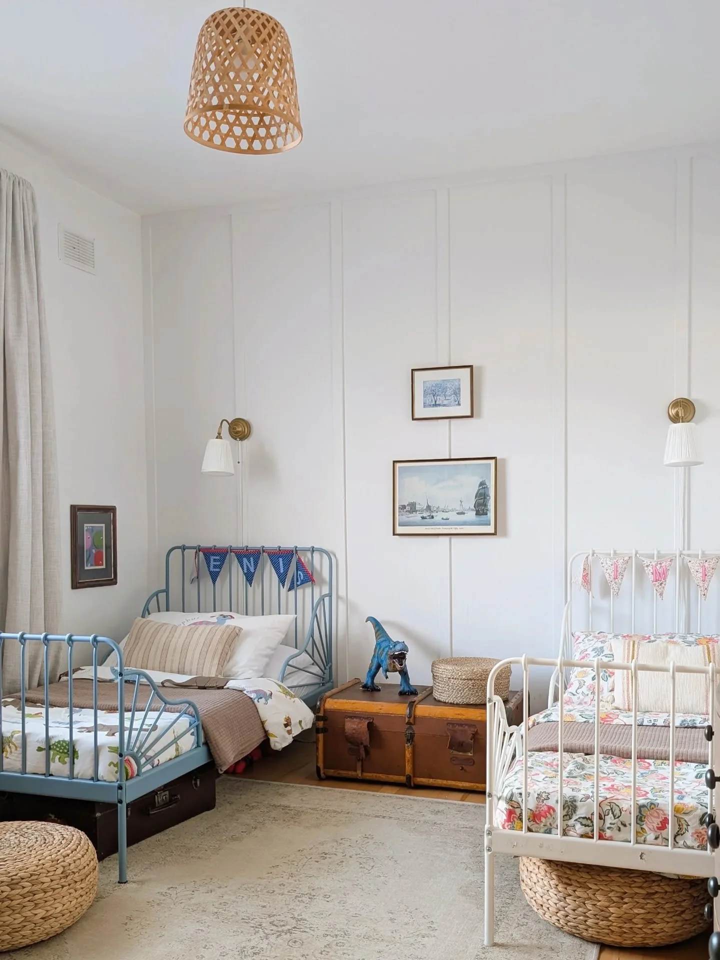 One of my favourite rooms ever designed. The goal was to create a bedroom that is playful and relaxing at the same time and blending two completely different personalities together. A space that is ready for a new adventure with pirates and dinosaurs